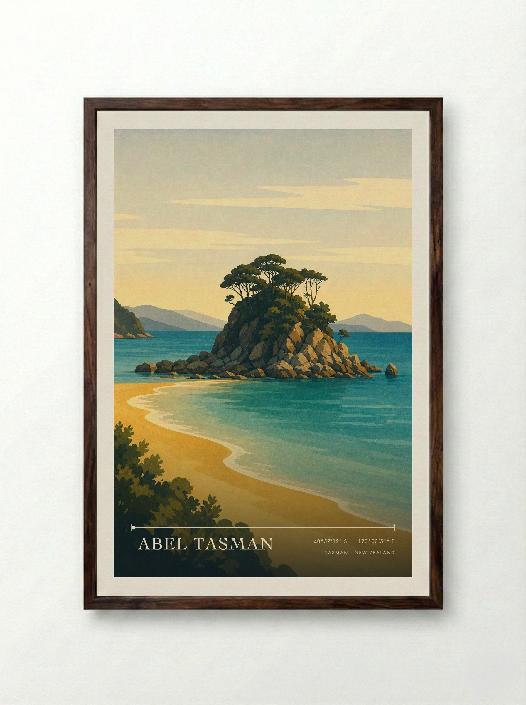 Abel Tasman Travel Poster Artwork - Framed Print Dark Wood