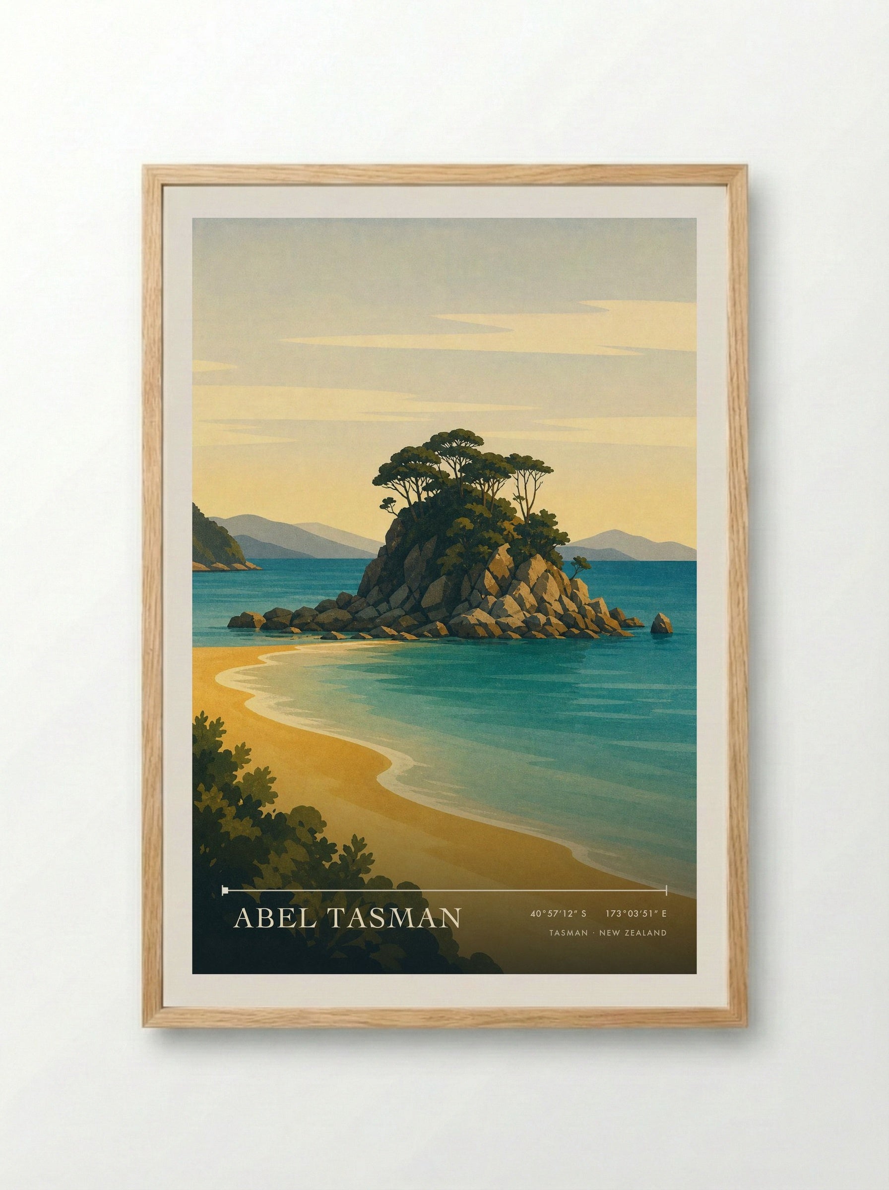 Abel Tasman Travel Poster Artwork - Framed Print Wood