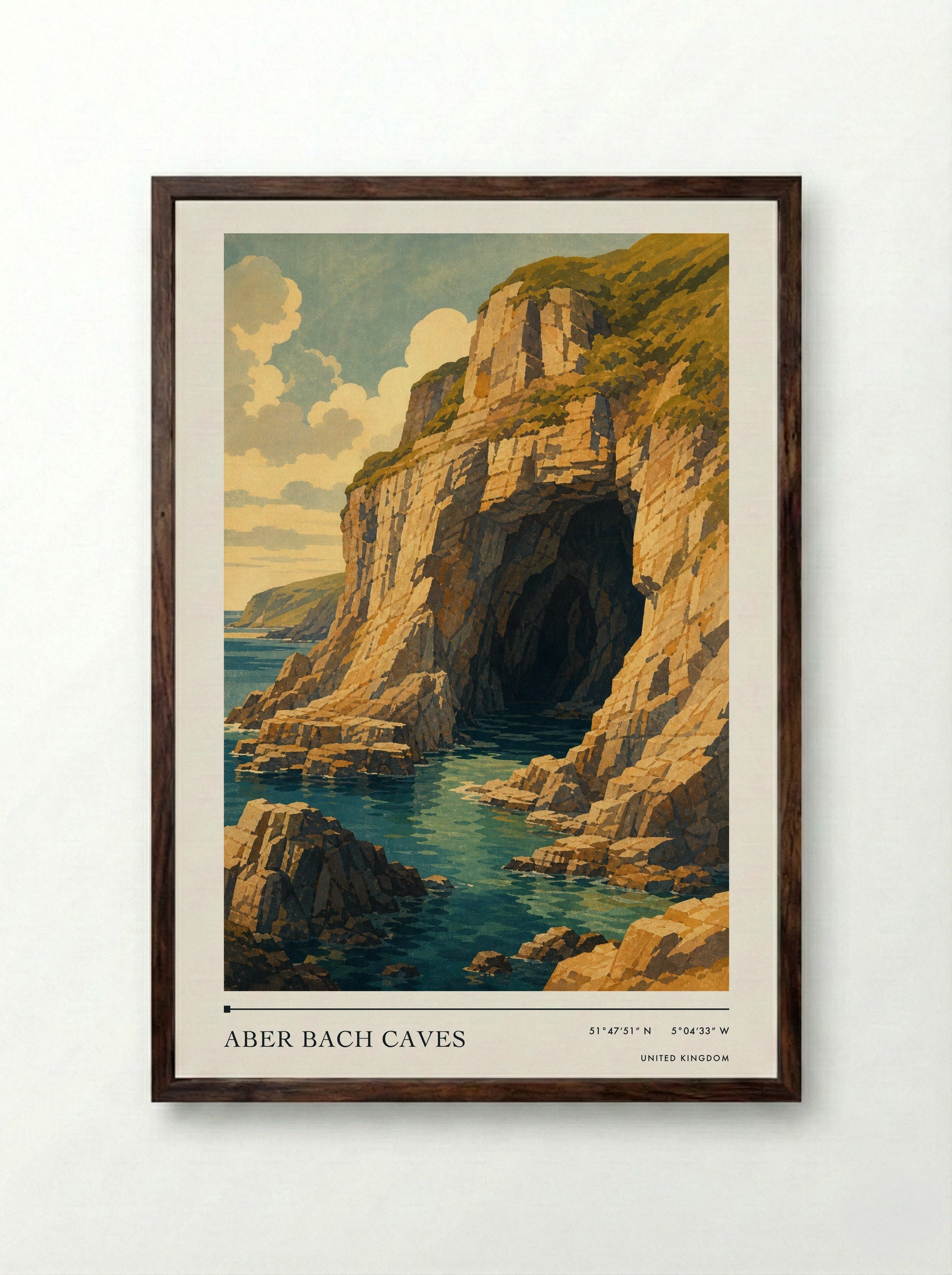 Aber Bach Caves United Kingdom Travel Poster - Framed Print Dark Wood