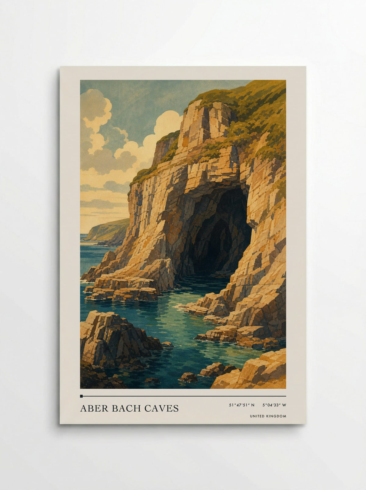 Aber Bach Caves travel poster: a dramatic sea cave, sunlit rock ledges and clear blue-green Pembrokeshire water