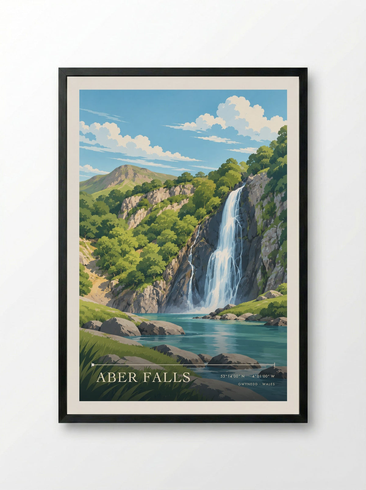 Aber Falls, Gwynedd | Travel Poster - Framed Print Black