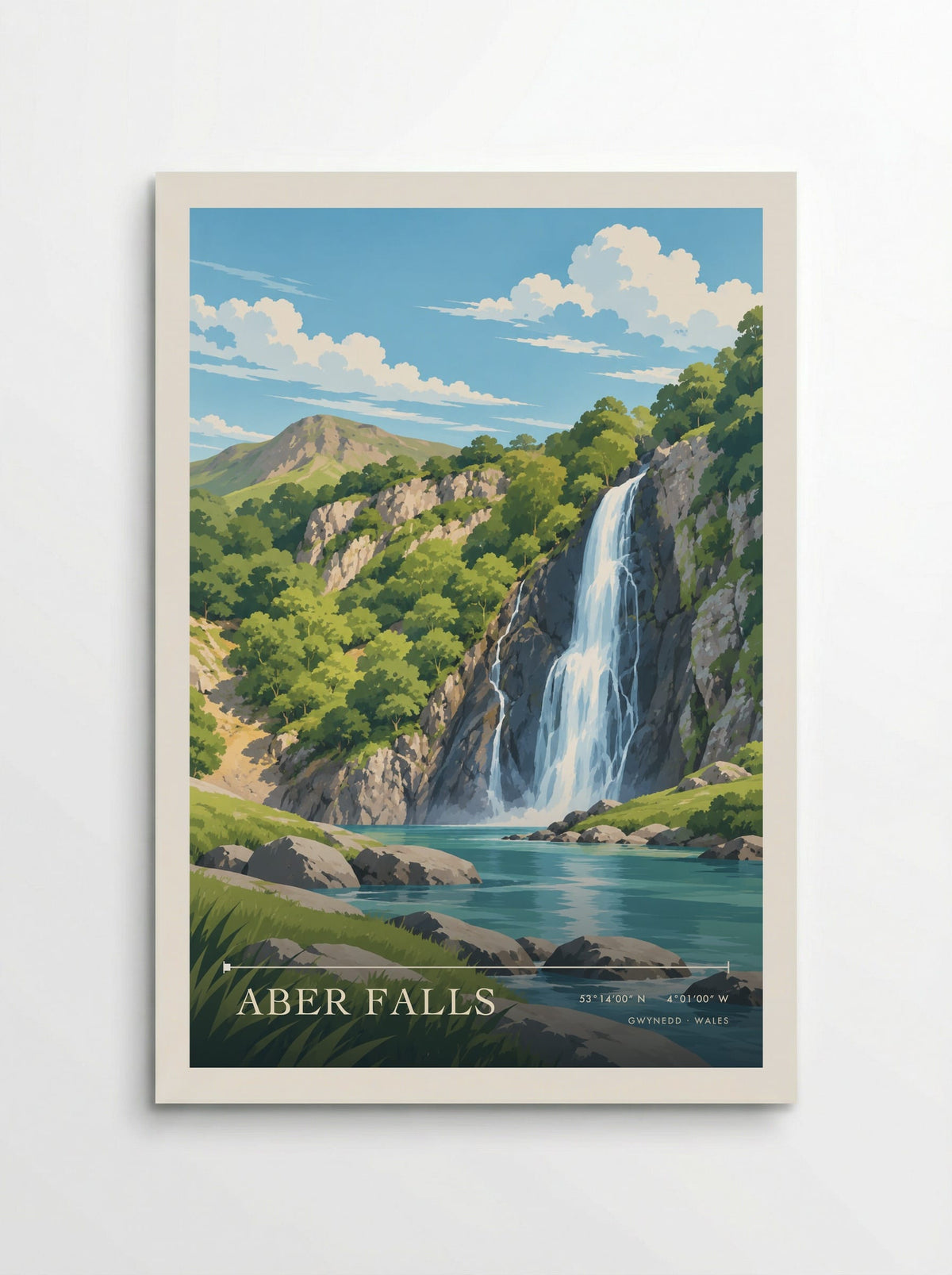 Aber Falls, Gwynedd travel poster: green woodland, sunlit boulders and open Carneddau slopes on a summer day