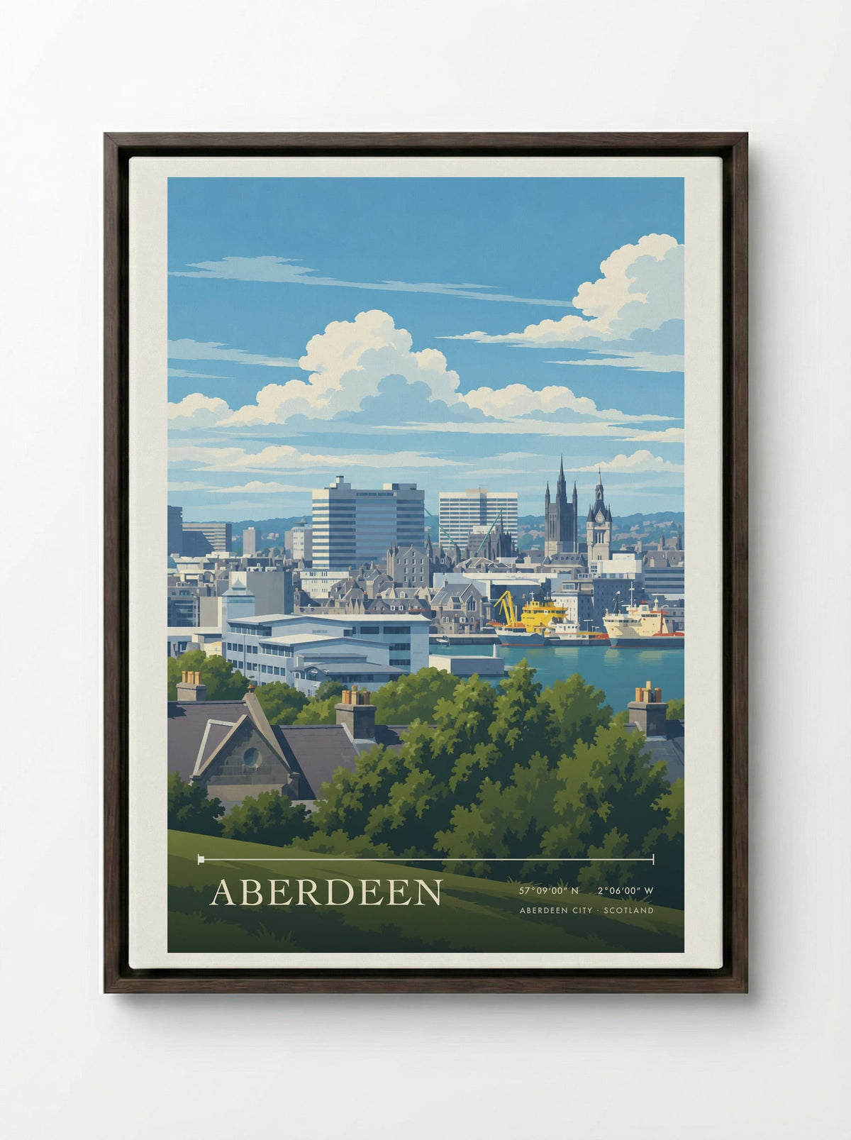 Aberdeen, Aberdeen City | Travel Poster - Framed Canvas Dark Wood