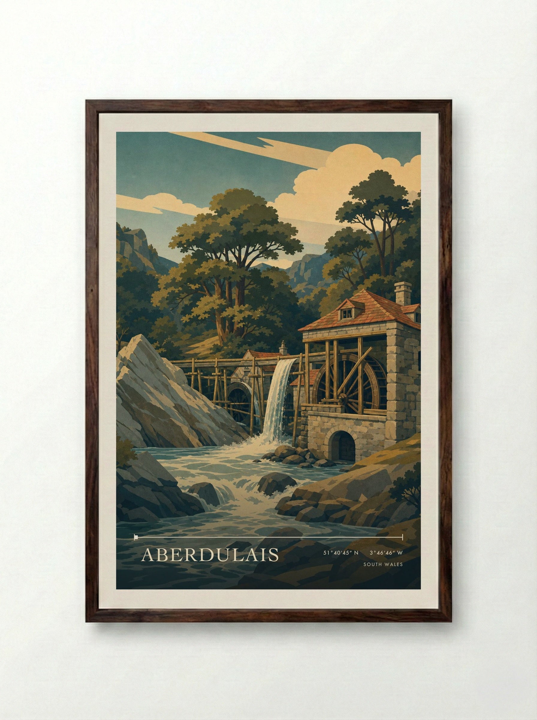 Aberdulais South Wales Wales Travel Poster - Framed Print Dark Wood