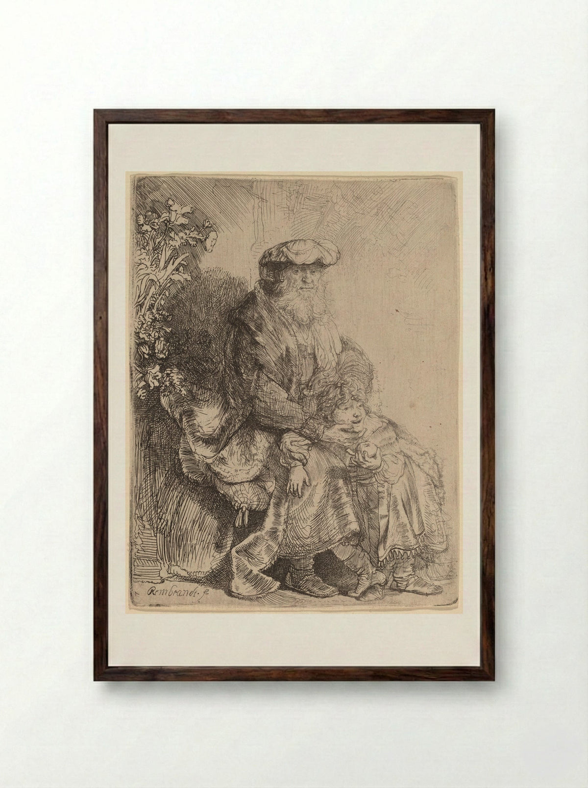 Abraham Caressing Isaac - Rembrandt Harmensz. van Rijn - Framed Print Dark Wood
