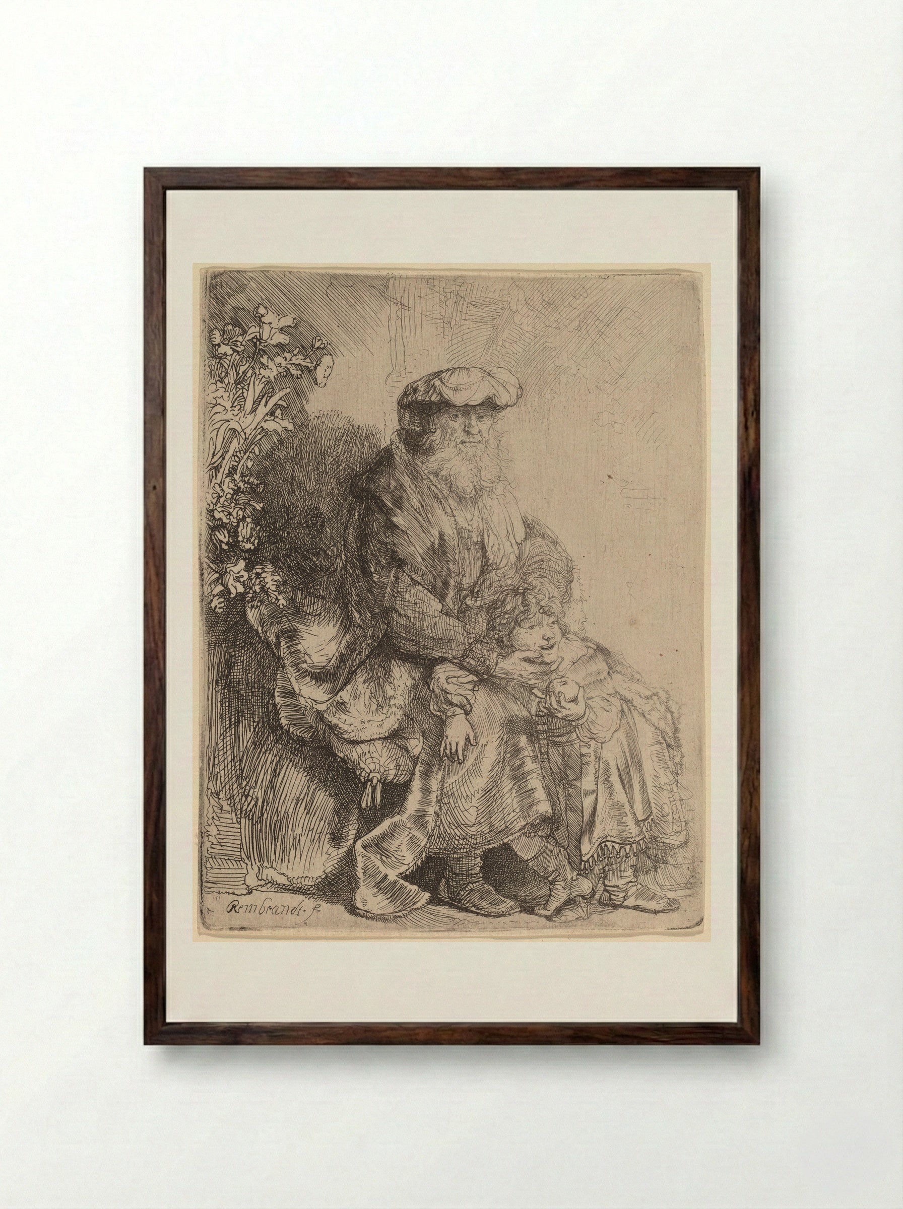Abraham Caressing Isaac - Rembrandt Harmensz. van Rijn - Framed Print Dark Wood