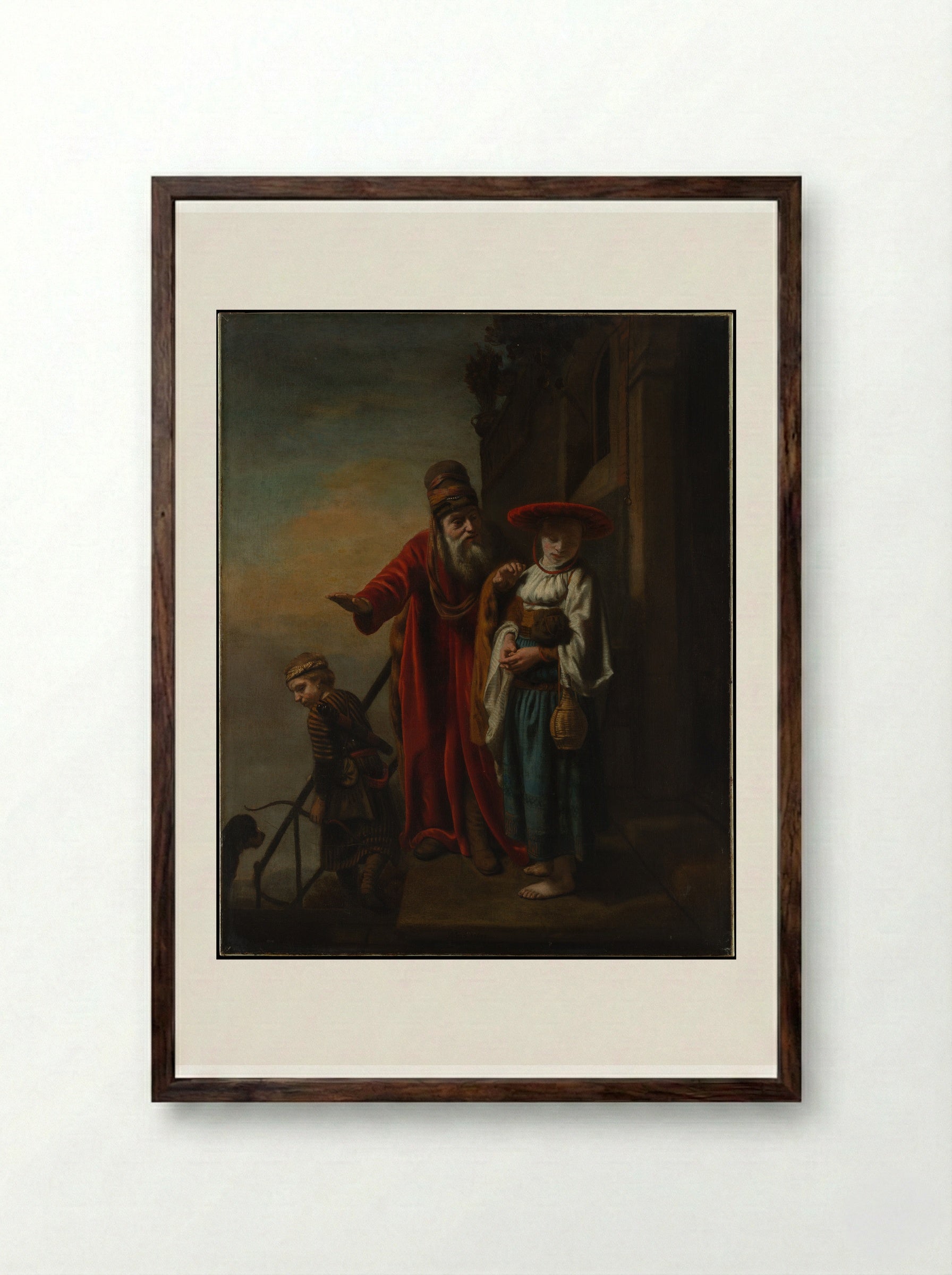 Abraham Dismissing Hagar and Ishmael - Nicolaes Maes - Framed Print Dark Wood