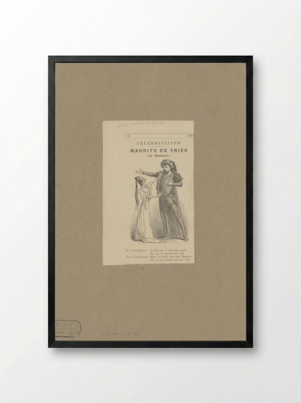 Abraham Prikkie als Ophelia en Maurits de Vries als Hamlet - Hendrik Jan Carel Linse - Framed Print Black