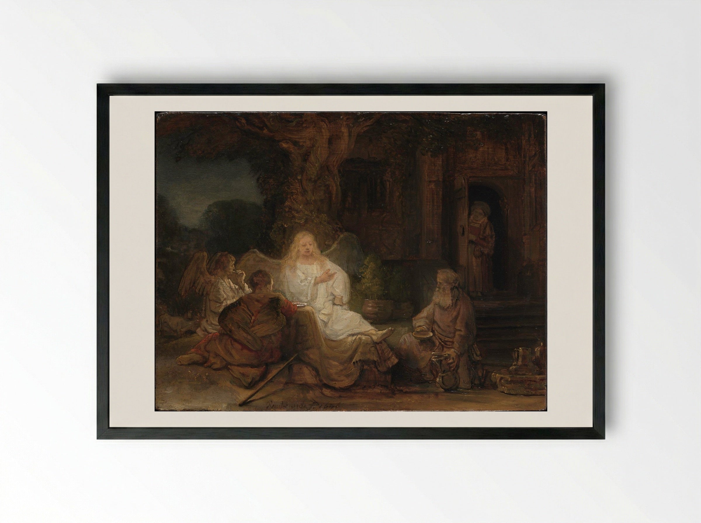 Abraham Receives the Three Angels - Rembrandt van Rijn - Framed Print Black