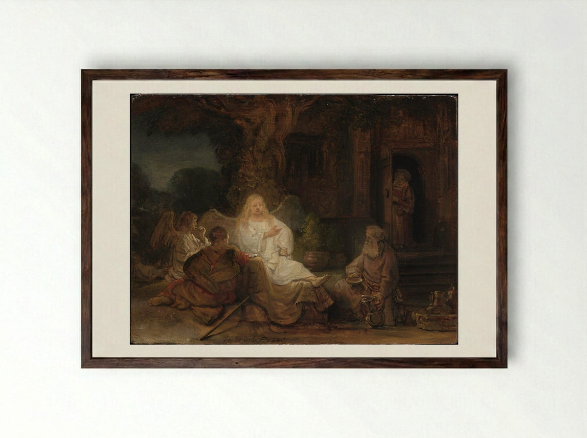 Abraham Receives the Three Angels - Rembrandt van Rijn - Framed Print Dark Wood