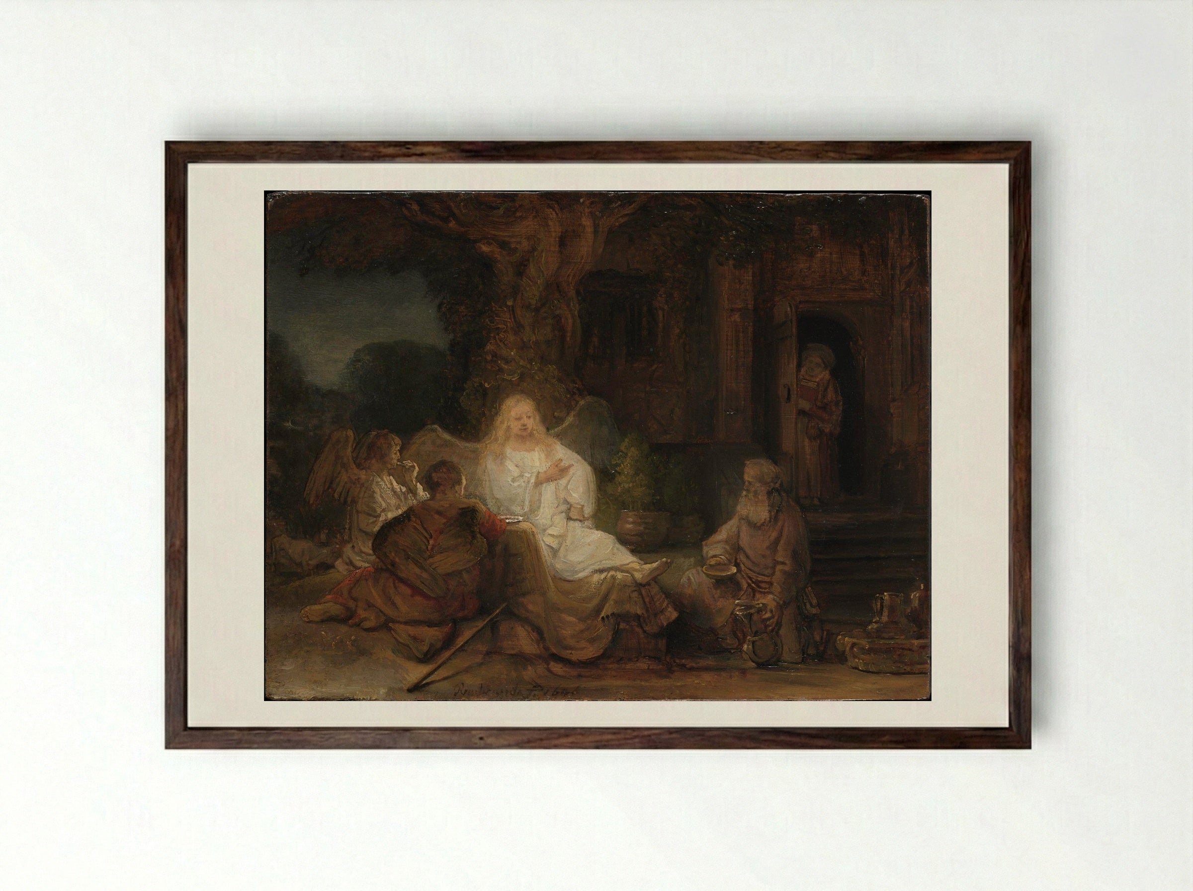 Abraham Receives the Three Angels - Rembrandt van Rijn - Framed Print Dark Wood