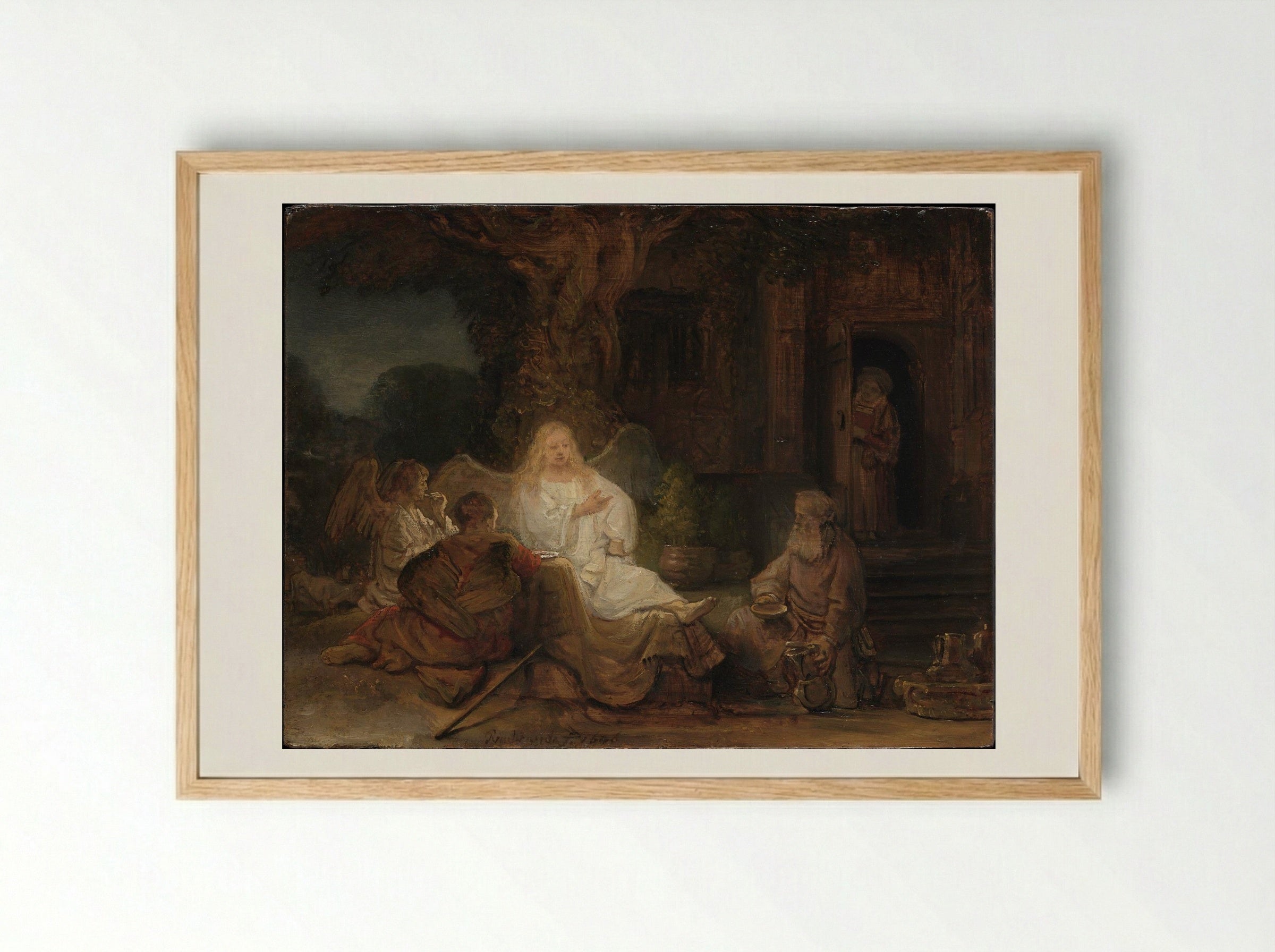 Abraham Receives the Three Angels - Rembrandt van Rijn - Framed Print Wood