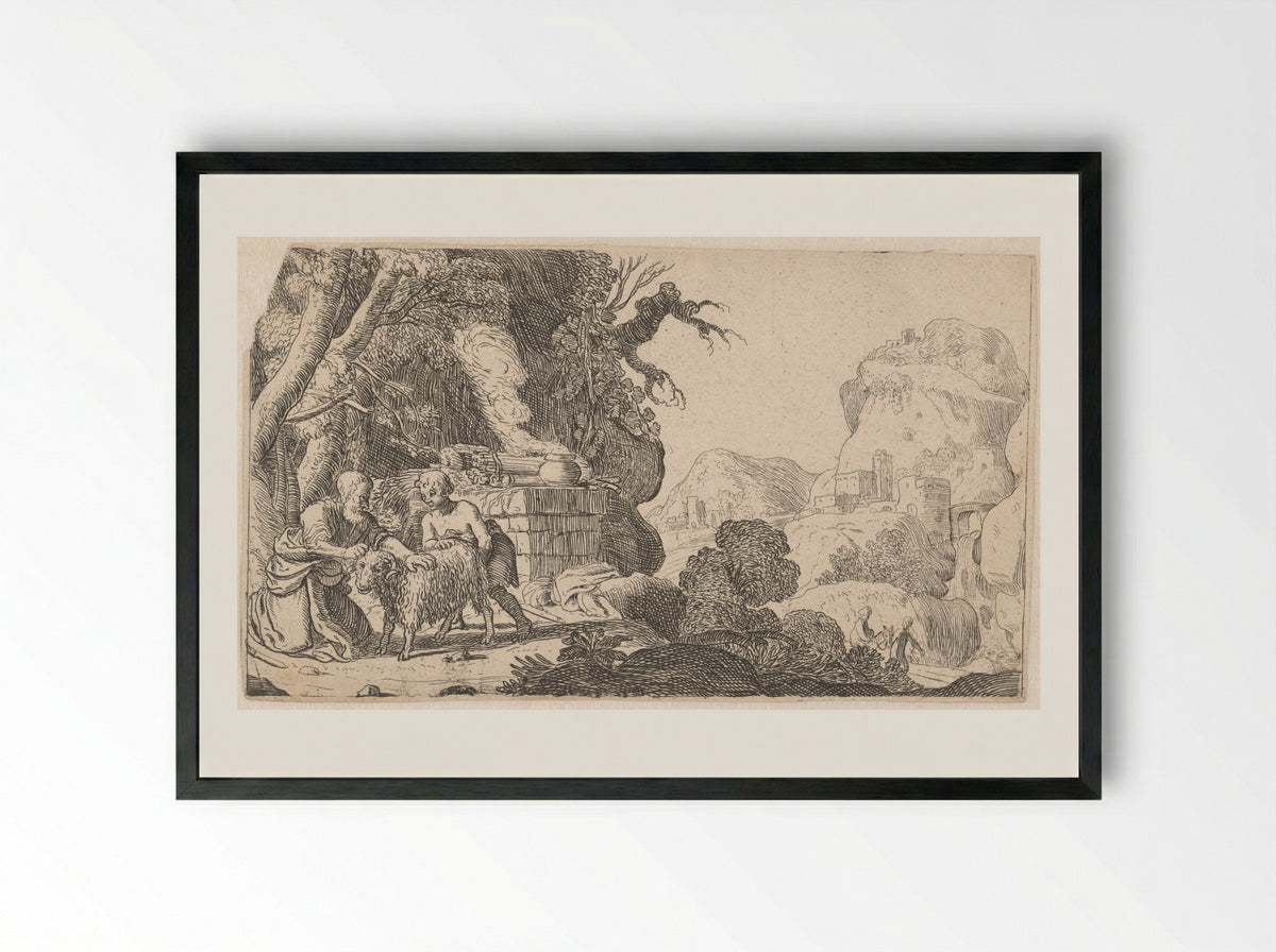 Abraham and Isaac with the Sacrificial Ram - Nicolaes Moeyaert - Framed Print Black