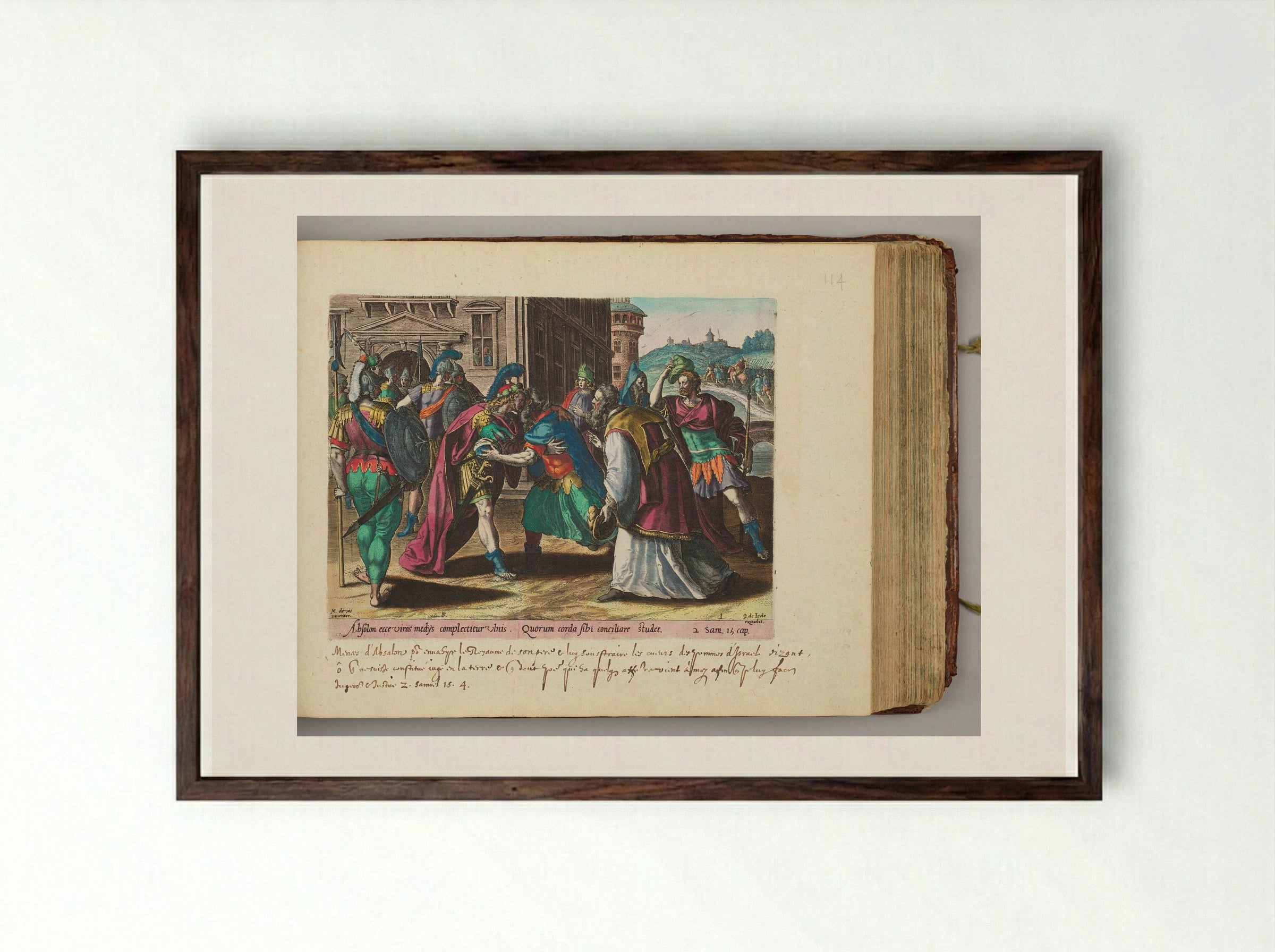Absalom Conspiring outside the Gates of Jerusalem - Johannes Wierix - Framed Print Dark Wood