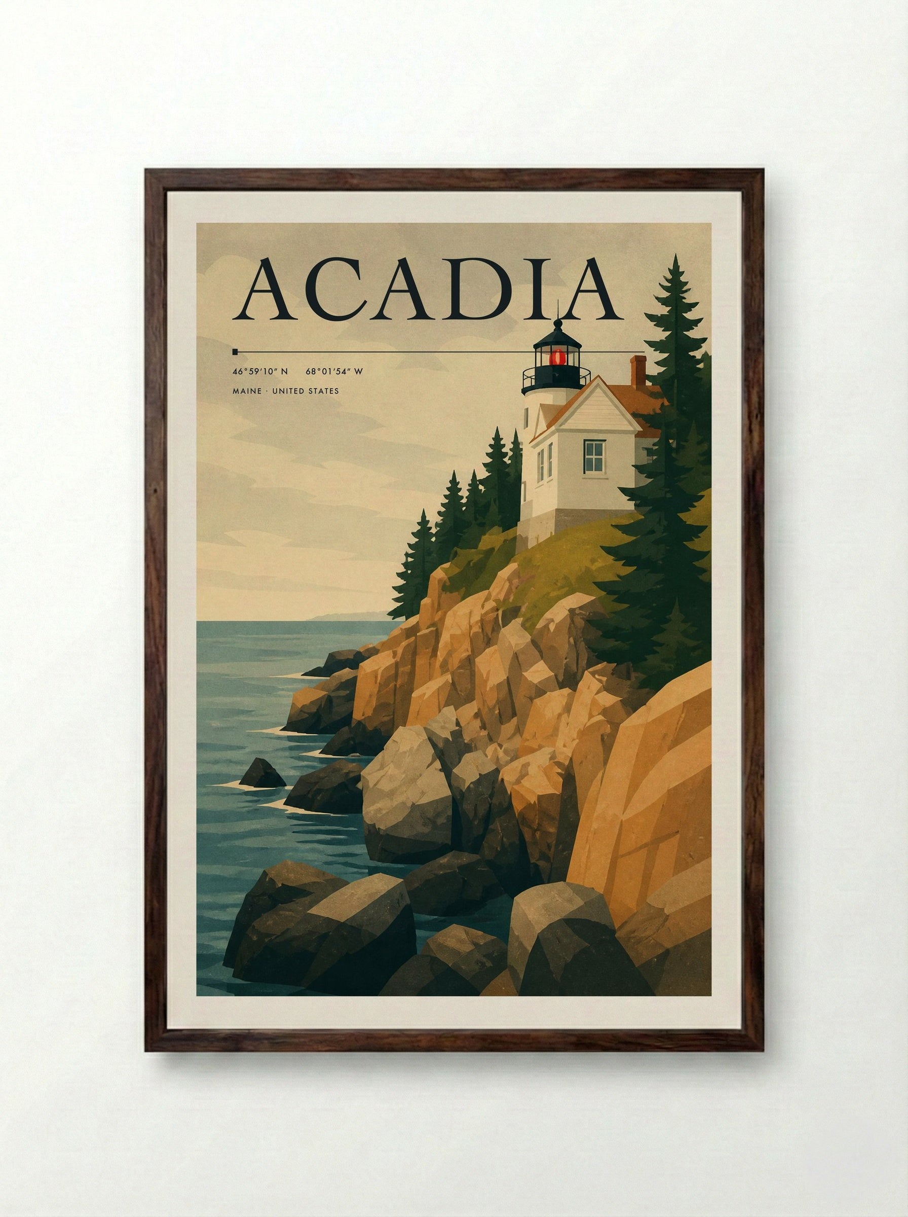 Acadia Travel Poster Artwork - Framed Print Dark Wood