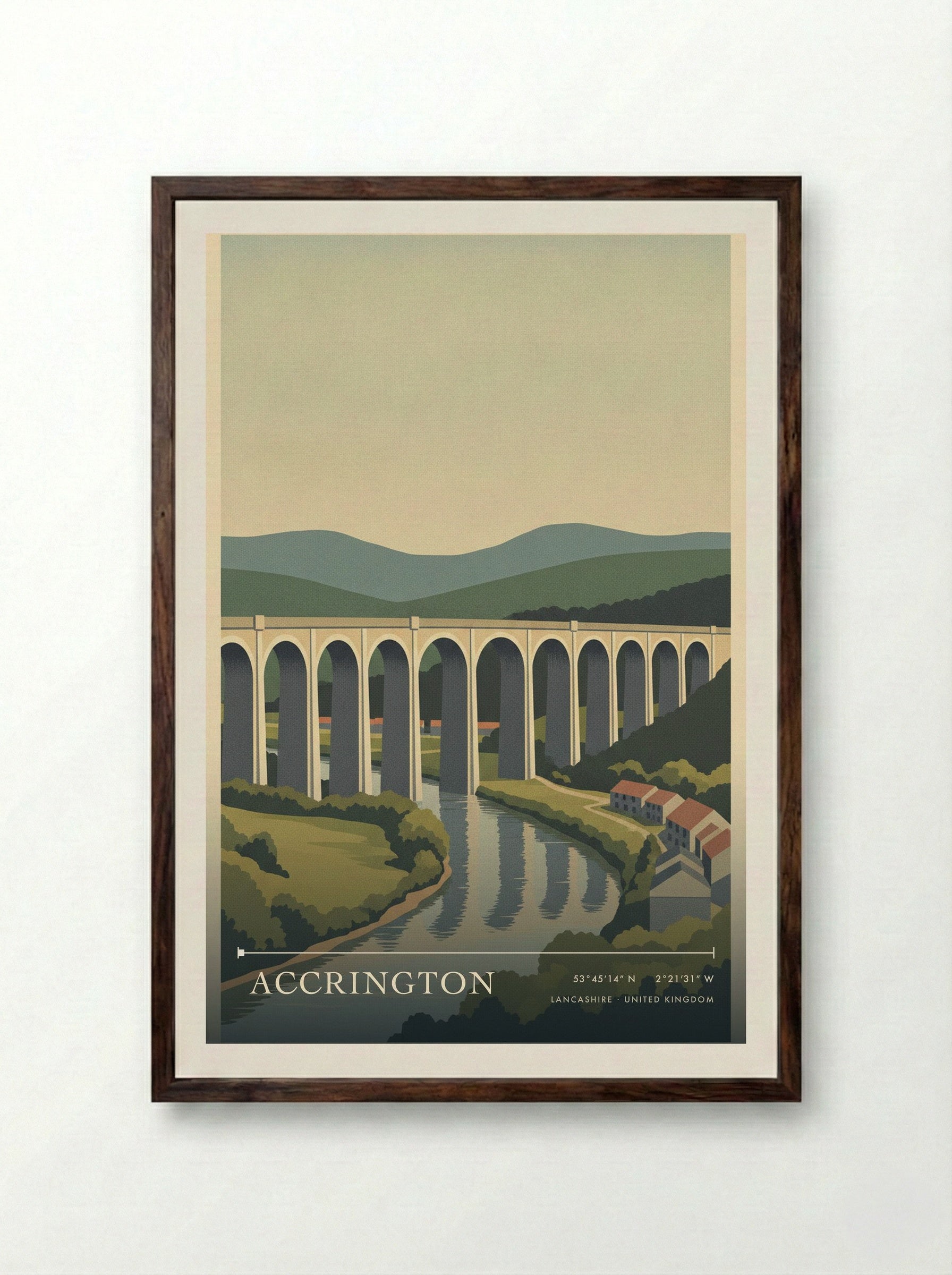Accrington Lancashire United Kingdom Travel Poster - Framed Print Dark Wood
