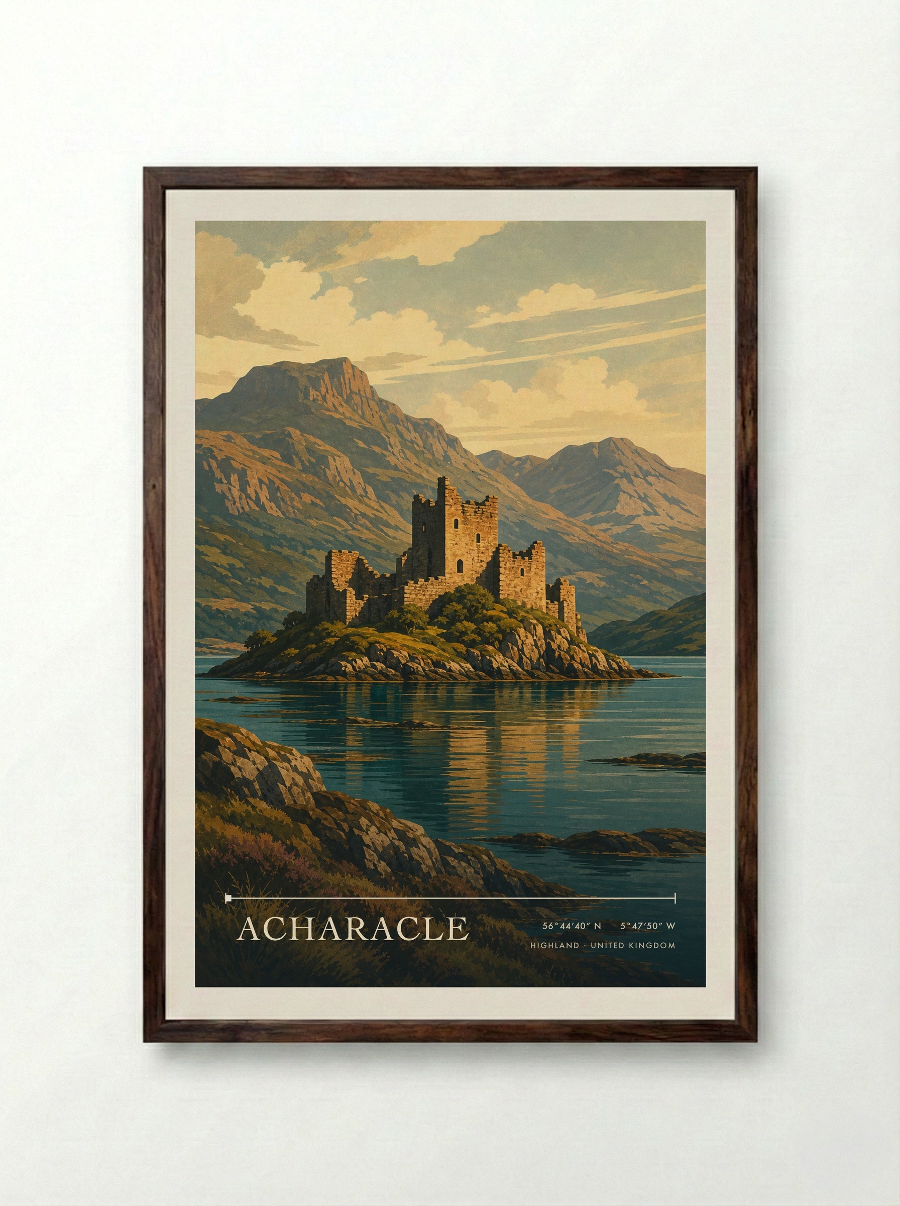 Acharacle Highland United Kingdom Travel Poster - Framed Print Dark Wood