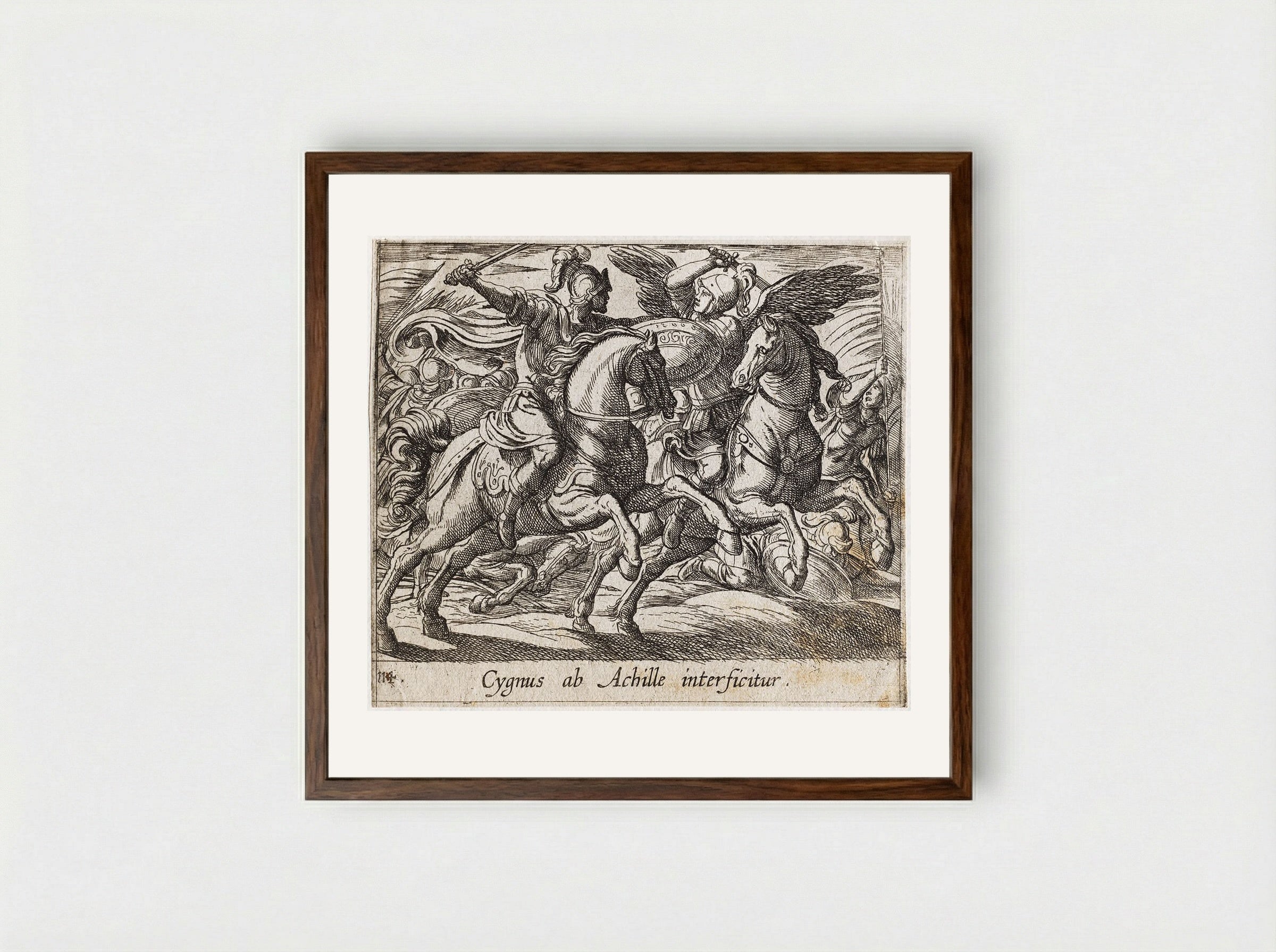 Achilles Battling Cygnus - Antonio Tempesta - Framed Print Dark Wood