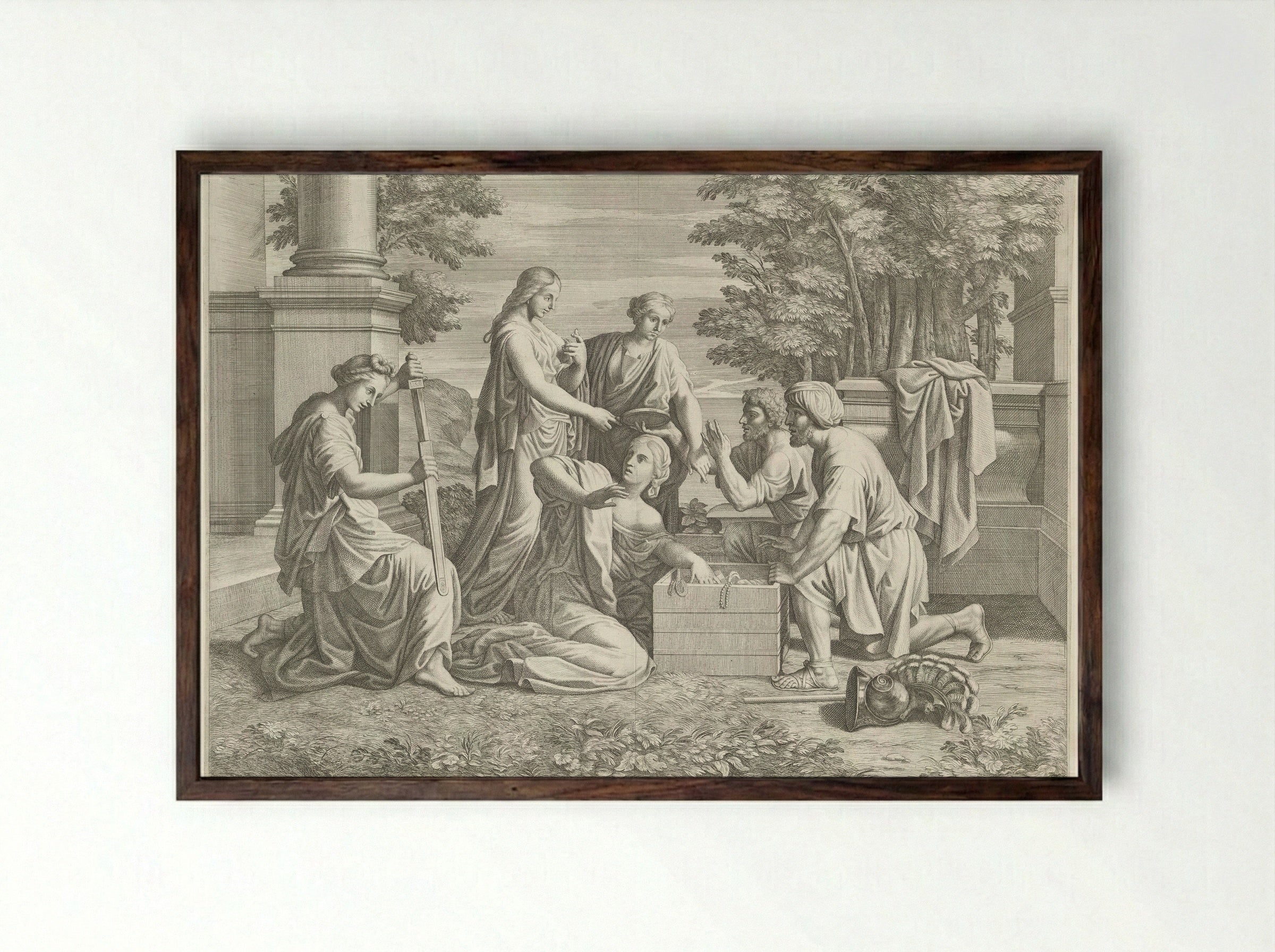 Achilles Discovered Among the Daughters of Lycomedes - Pietro del Po - Framed Print Dark Wood