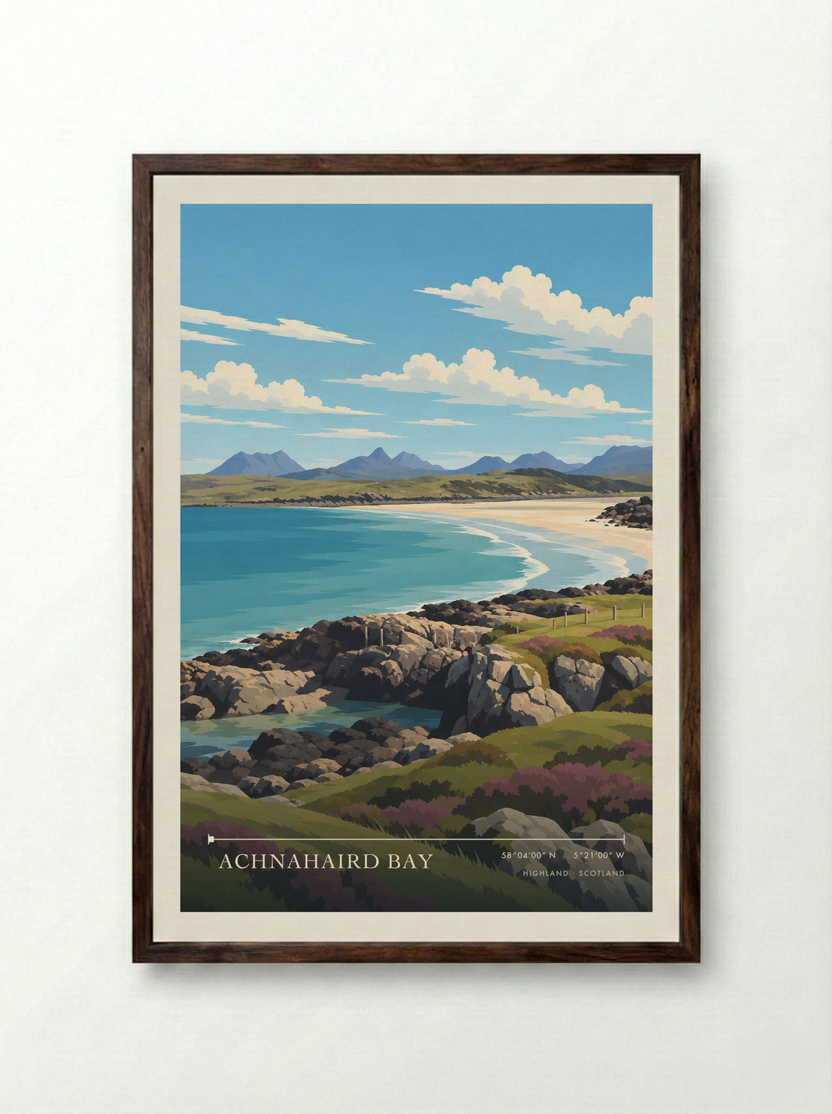 Achnahaird Bay, Highland | Travel Poster - Framed Print Dark Wood