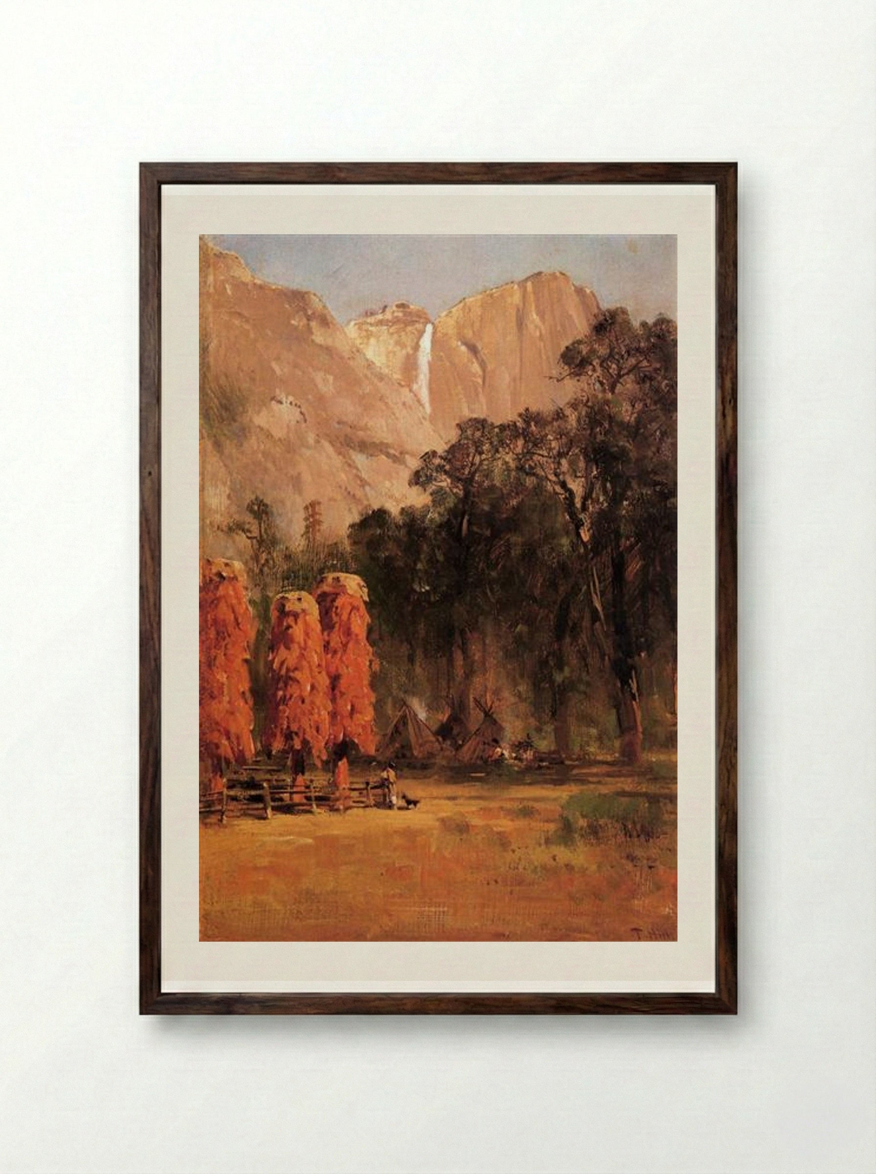 Acorn granaries, by Piute Indian camp in Yosemite - Thomas Hill - Framed Print Dark Wood
