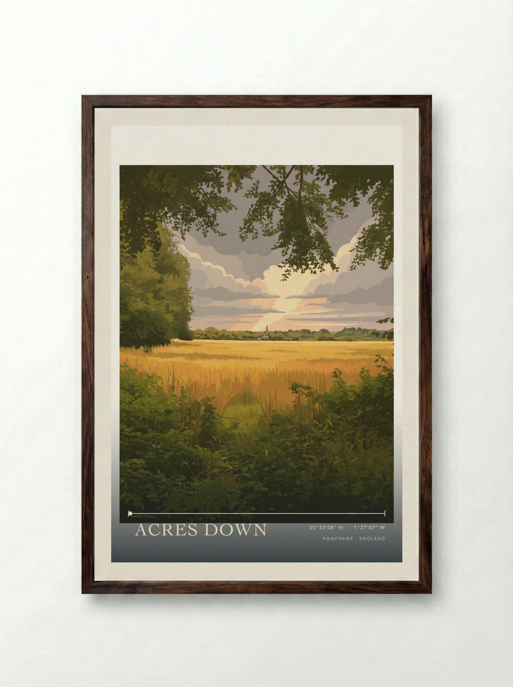 Acres Down Hampshire England Travel Poster - Framed Print Dark Wood