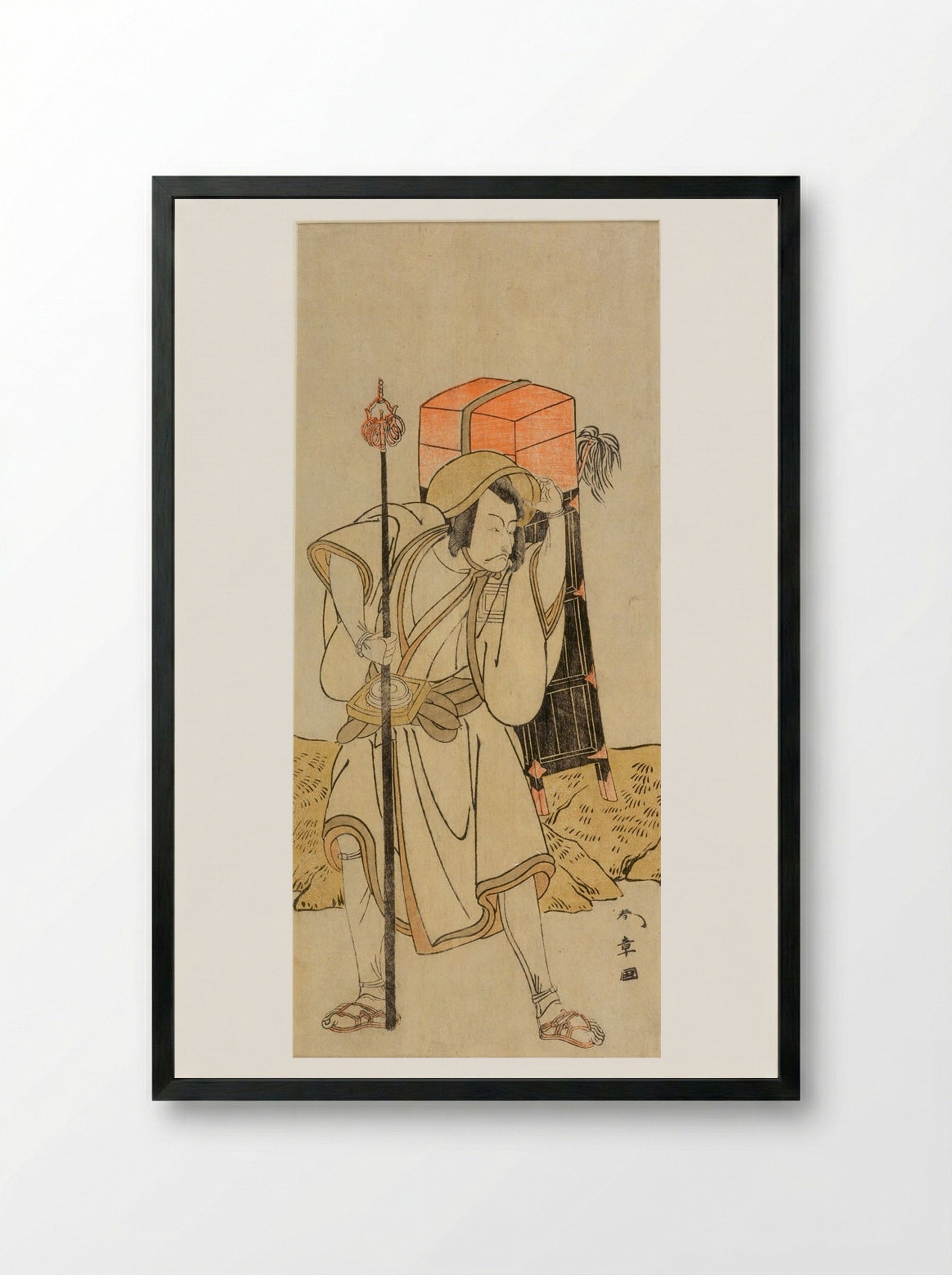 Actor Ichikawa Danjūrō 5th as Moriya no Daijin disguised as Rokujūrokubu - Katsukawa Shunshō - Framed Print Black