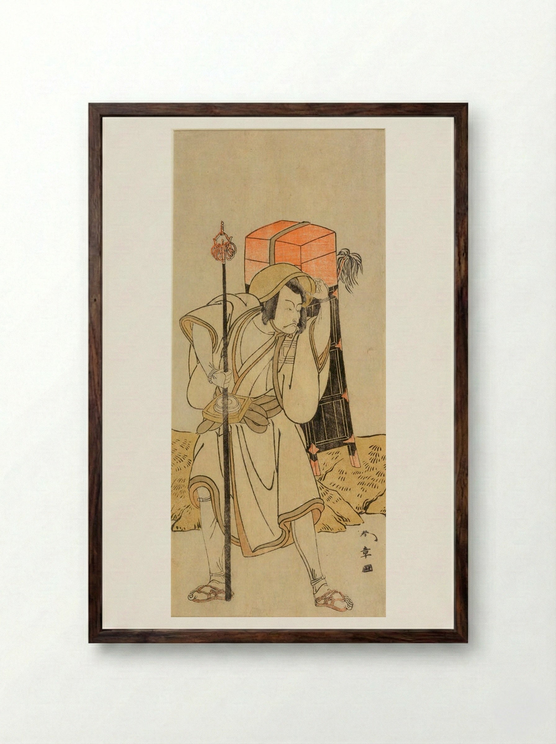 Actor Ichikawa Danjūrō 5th as Moriya no Daijin disguised as Rokujūrokubu - Katsukawa Shunshō - Framed Print Dark Wood