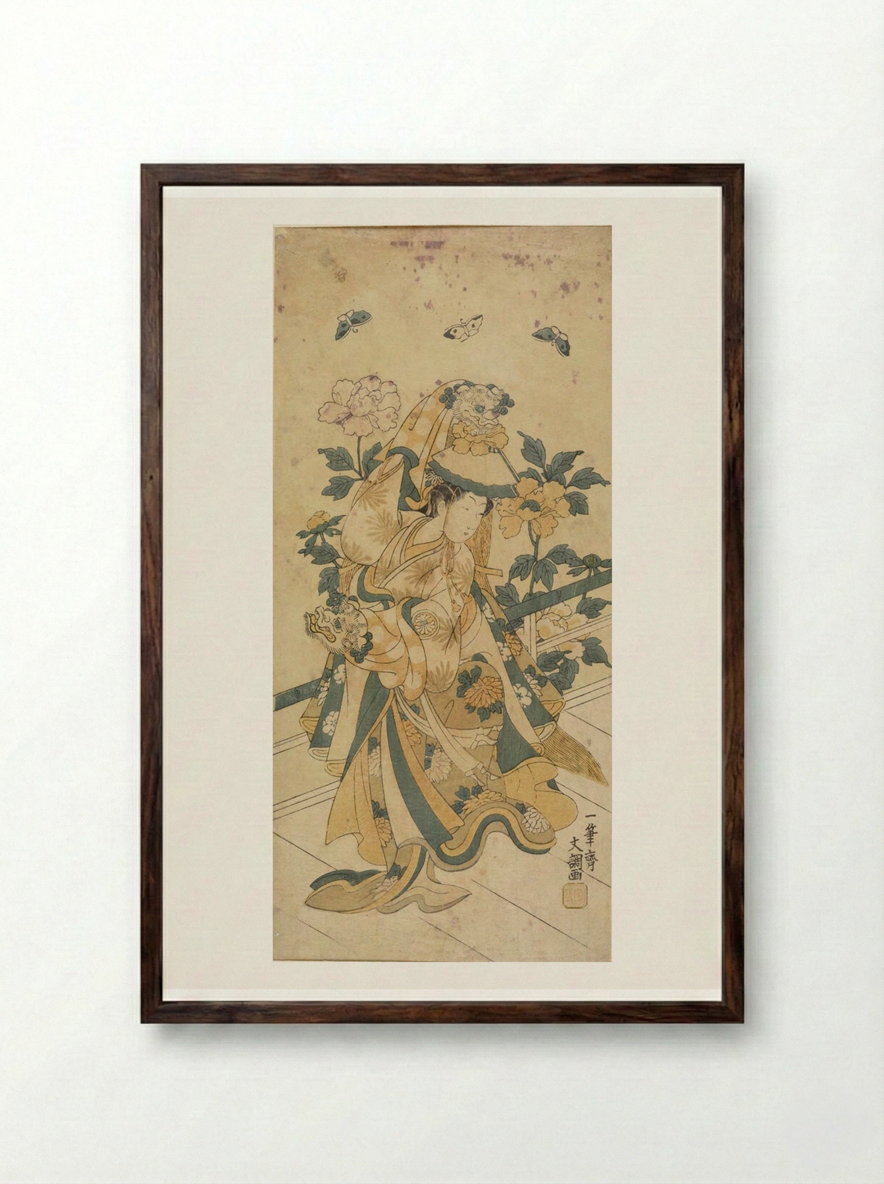 Actor Segawa Kikunojō in the Shakkyō Dance - Ippitsusai Bunchō - Framed Print Dark Wood