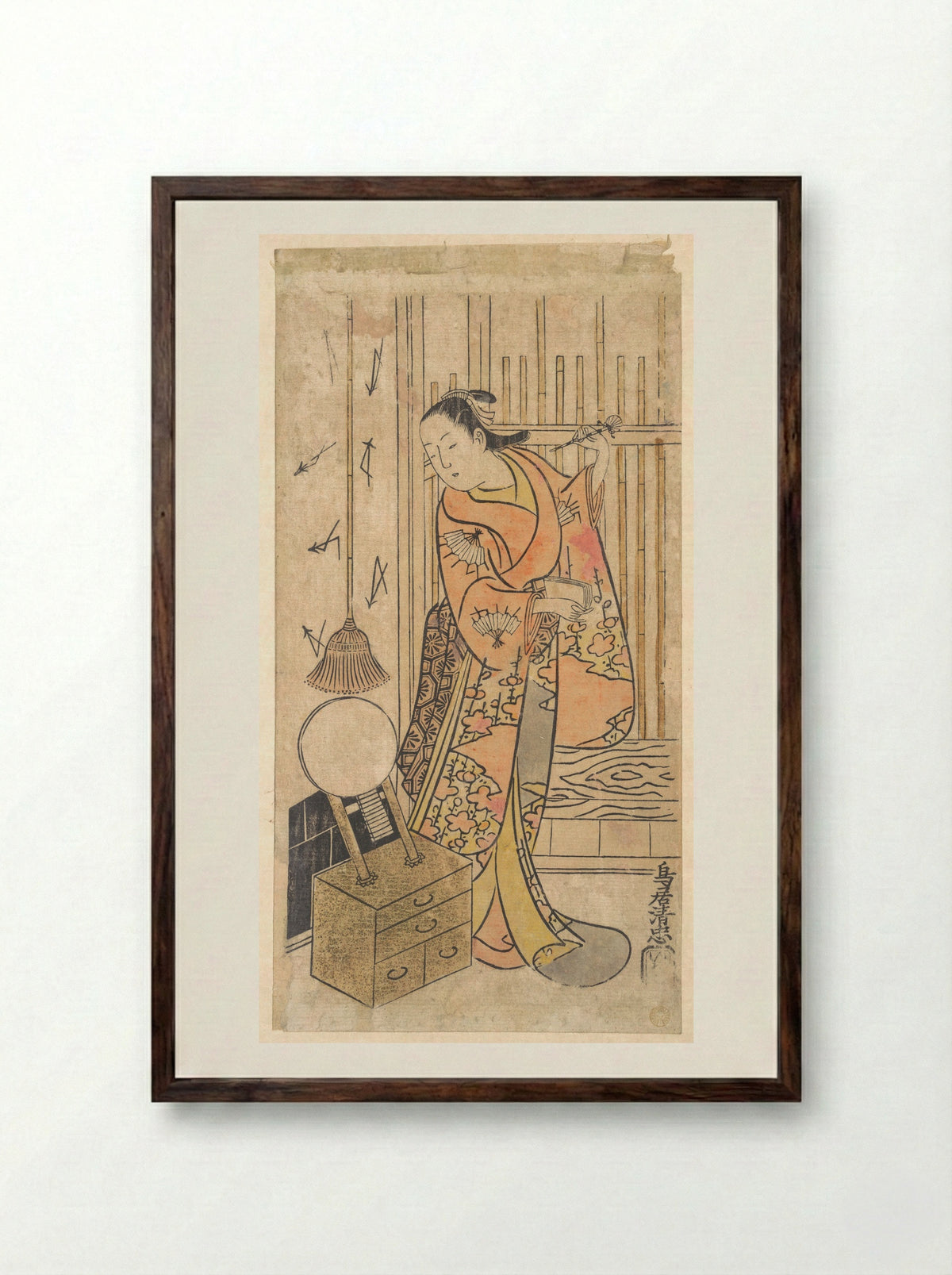 Actor as a Woman Standing by a Mirror Stand - Torii Kiyotada - Framed Print Dark Wood