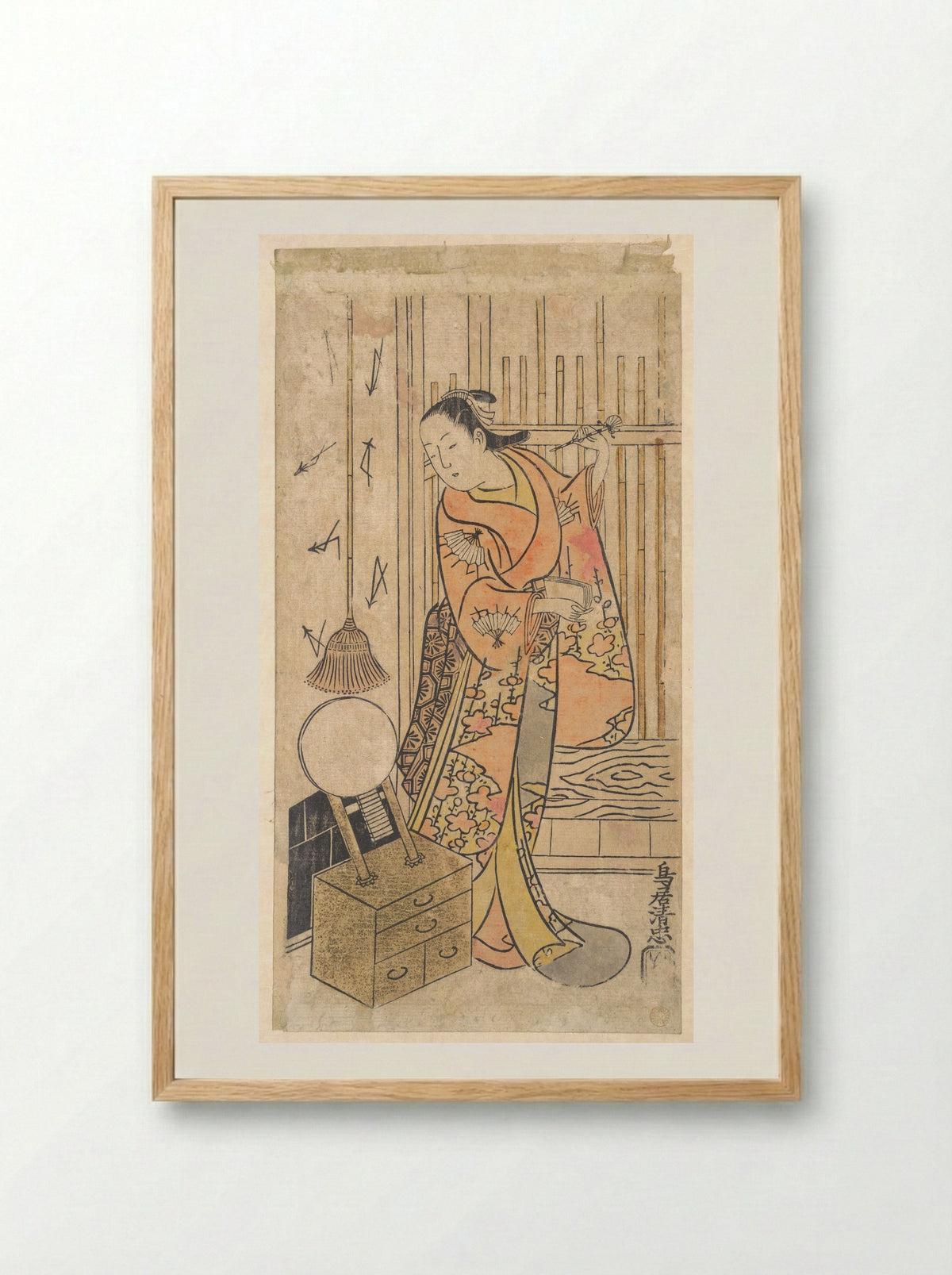 Actor as a Woman Standing by a Mirror Stand - Torii Kiyotada - Framed Print Wood