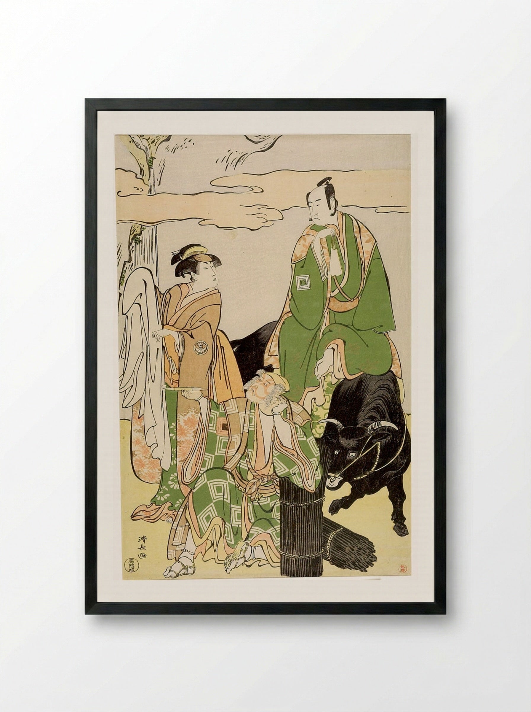 Actors Ichikawa Danjūrō 5th, Segawa Kikujirō and Ichikawa Monnosuke - Torii Kiyonaga - Framed Print Black