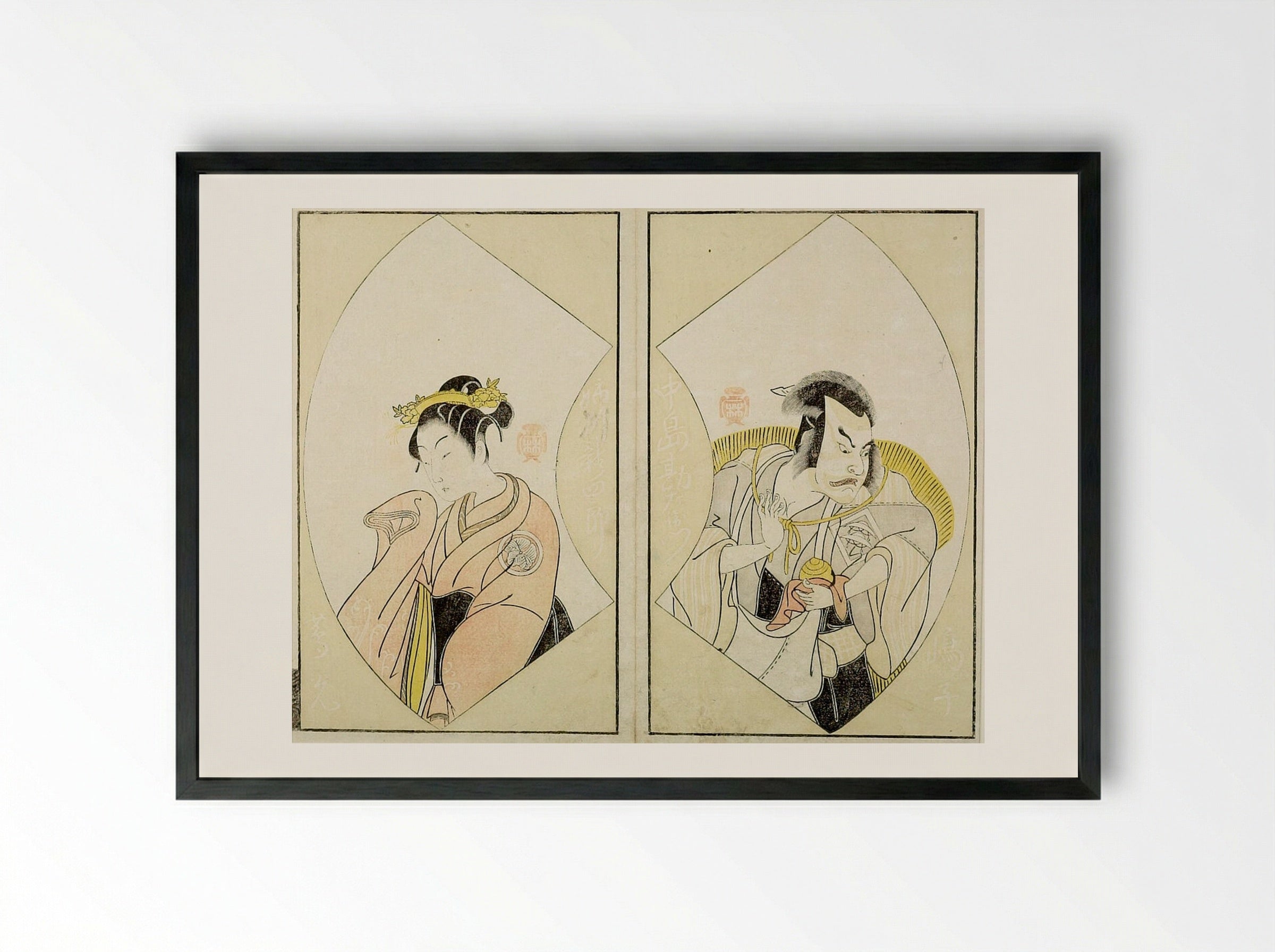 Actors Nakajima Kanzaemon and Anekawa Shinshirō - Katsukawa Shunshō - Framed Print Black