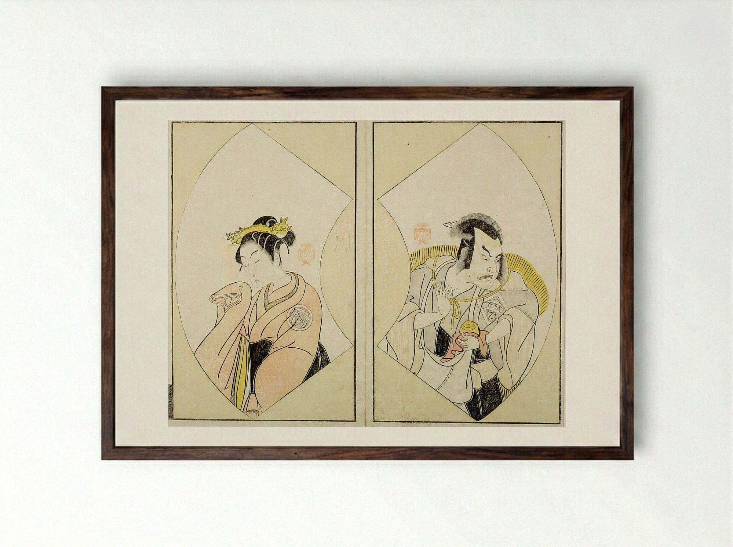 Actors Nakajima Kanzaemon and Anekawa Shinshirō - Katsukawa Shunshō - Framed Print Dark Wood