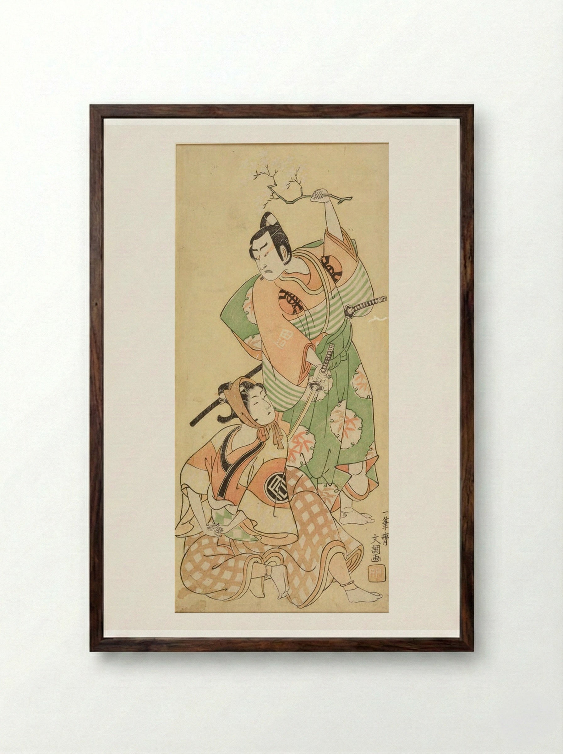 Actors Sanogawa Ichimatsu and Bandō Sanpachi - Ippitsusai Bunchō - Framed Print Dark Wood