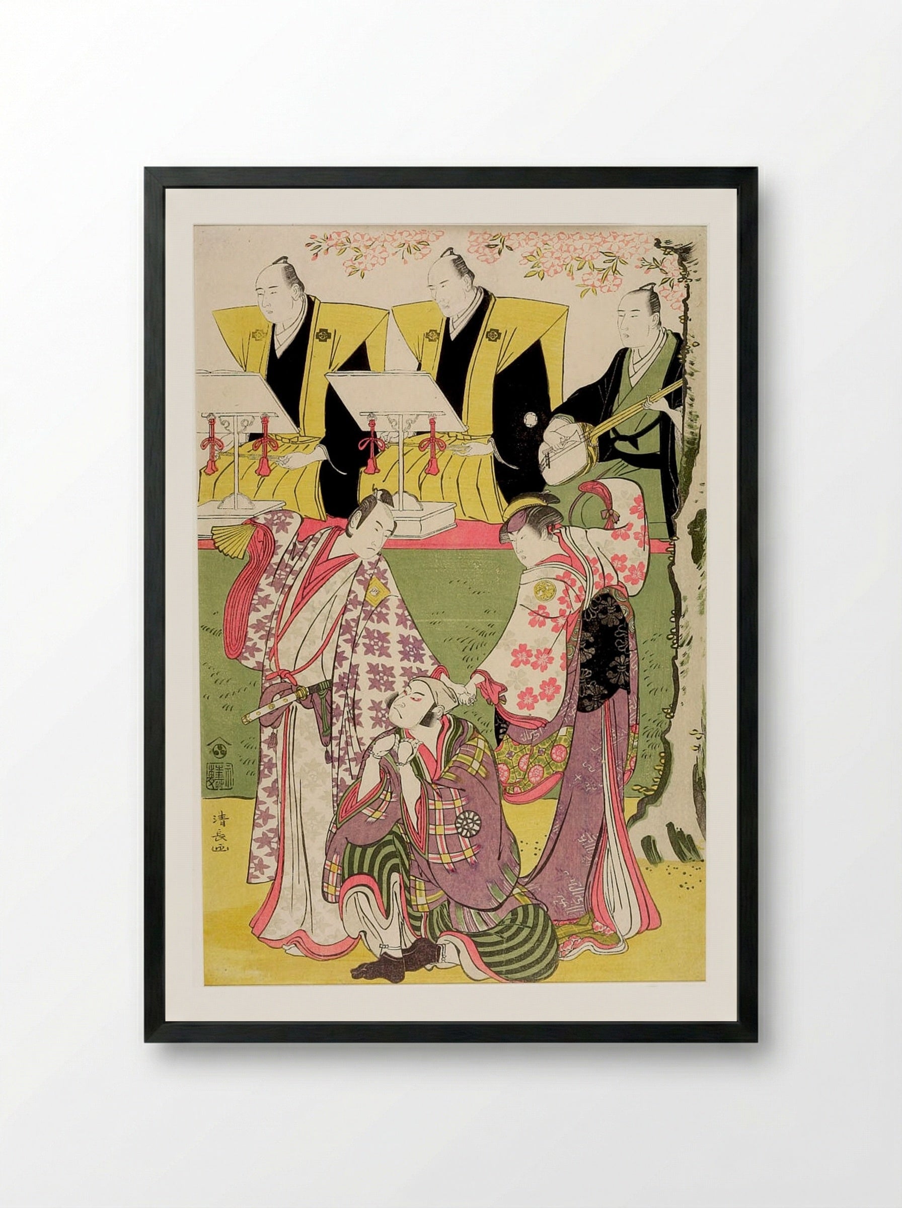 Actors Segawa Kikunojō as a Woman with Ichikawa Monnosuke and Nakamura Denkurō 2nd - Torii Kiyonaga - Framed Print Black