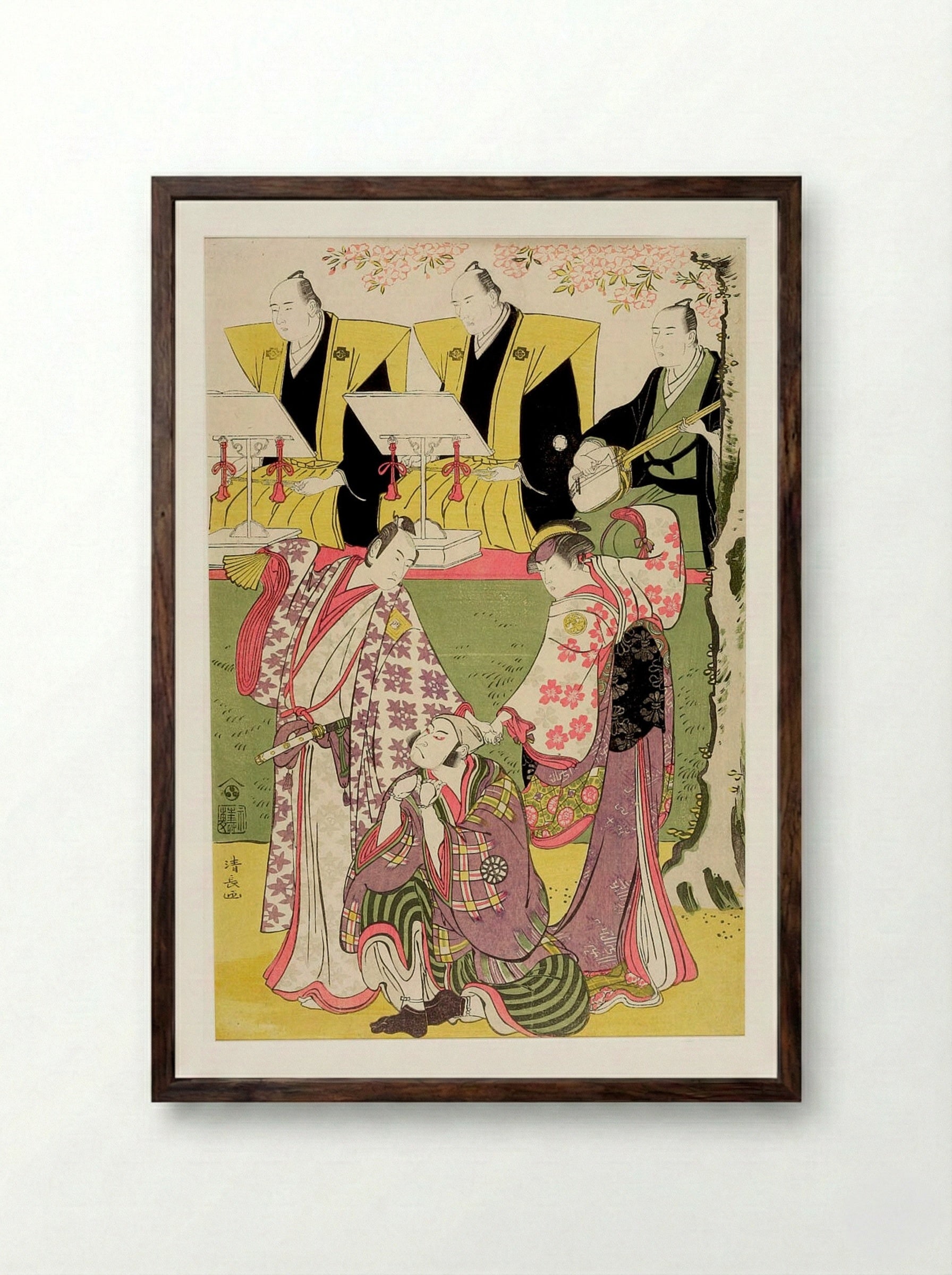 Actors Segawa Kikunojō as a Woman with Ichikawa Monnosuke and Nakamura Denkurō 2nd - Torii Kiyonaga - Framed Print Dark Wood