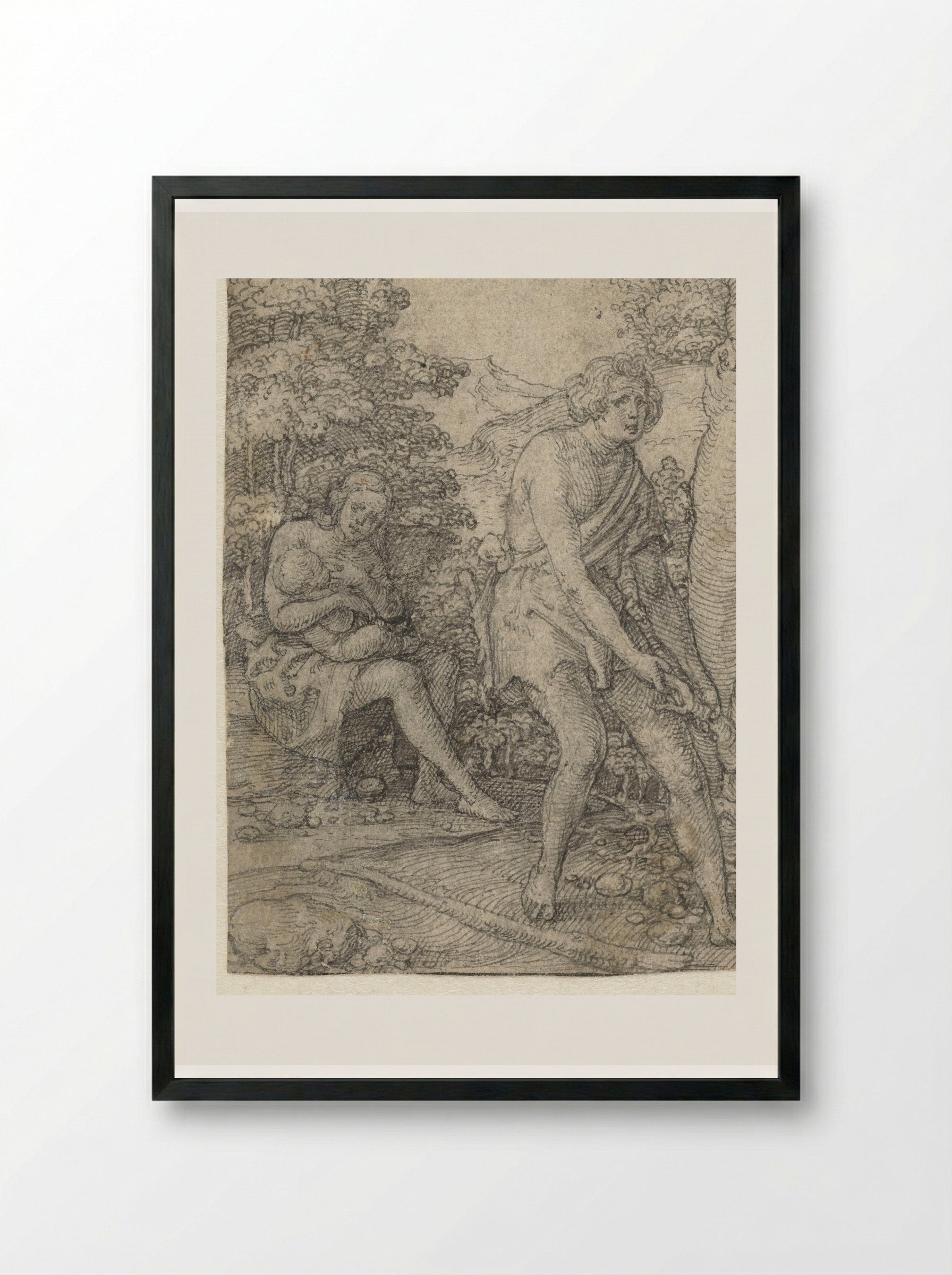 Adam Tilling the Earth, Eve Nursing their Child - Heinrich Aldegrever - Framed Print Black