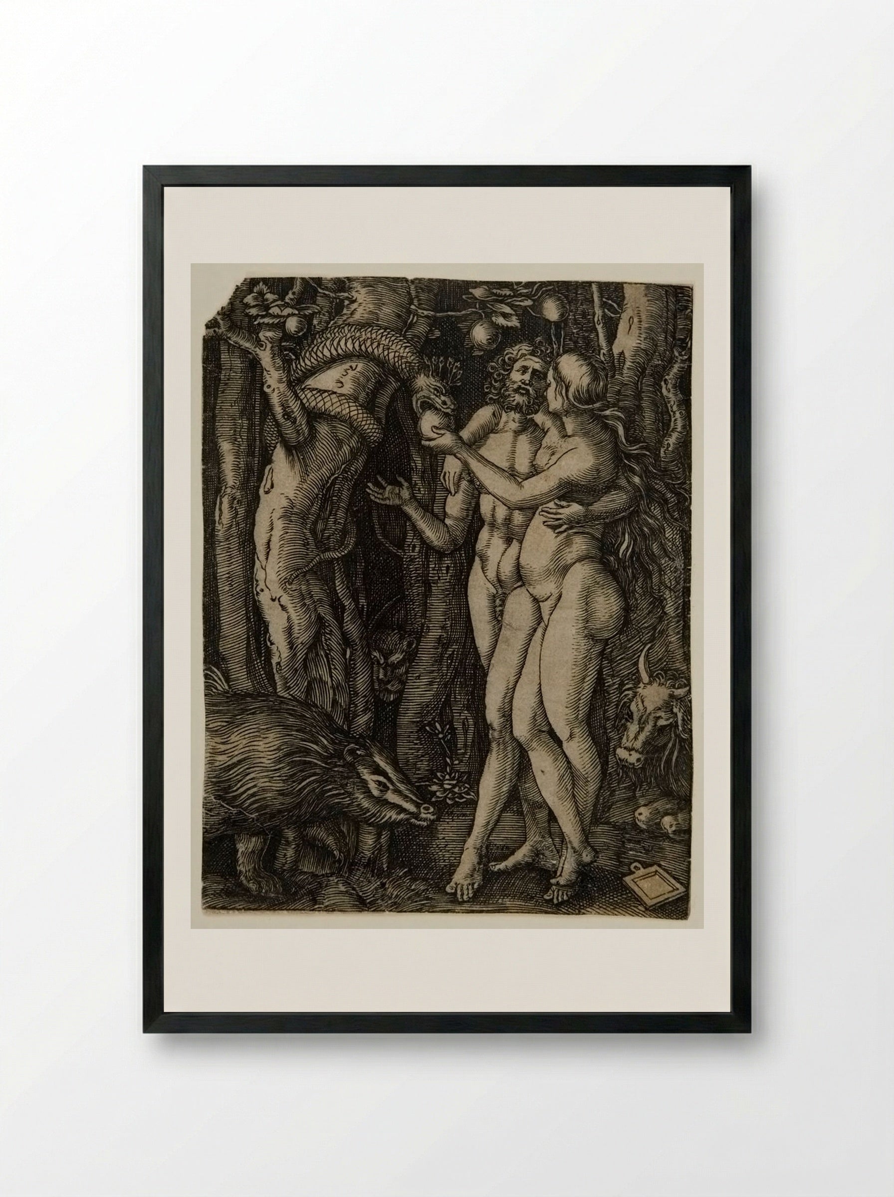 Adam and Eve Taking the Apple from the Serpent - Marcantonio Raimondi - Framed Print Black