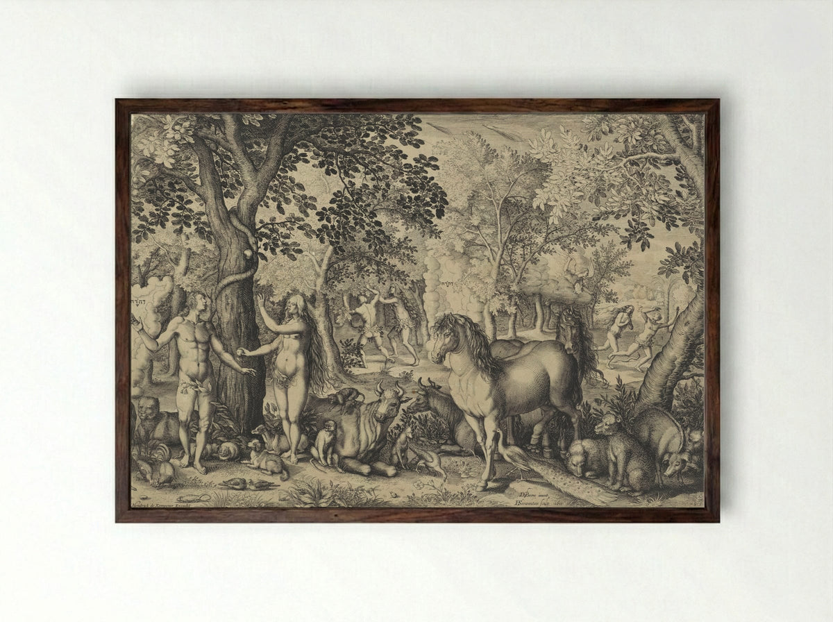 Adam and Eve in Paradise - Paulus de Kempenaer - Framed Print Dark Wood