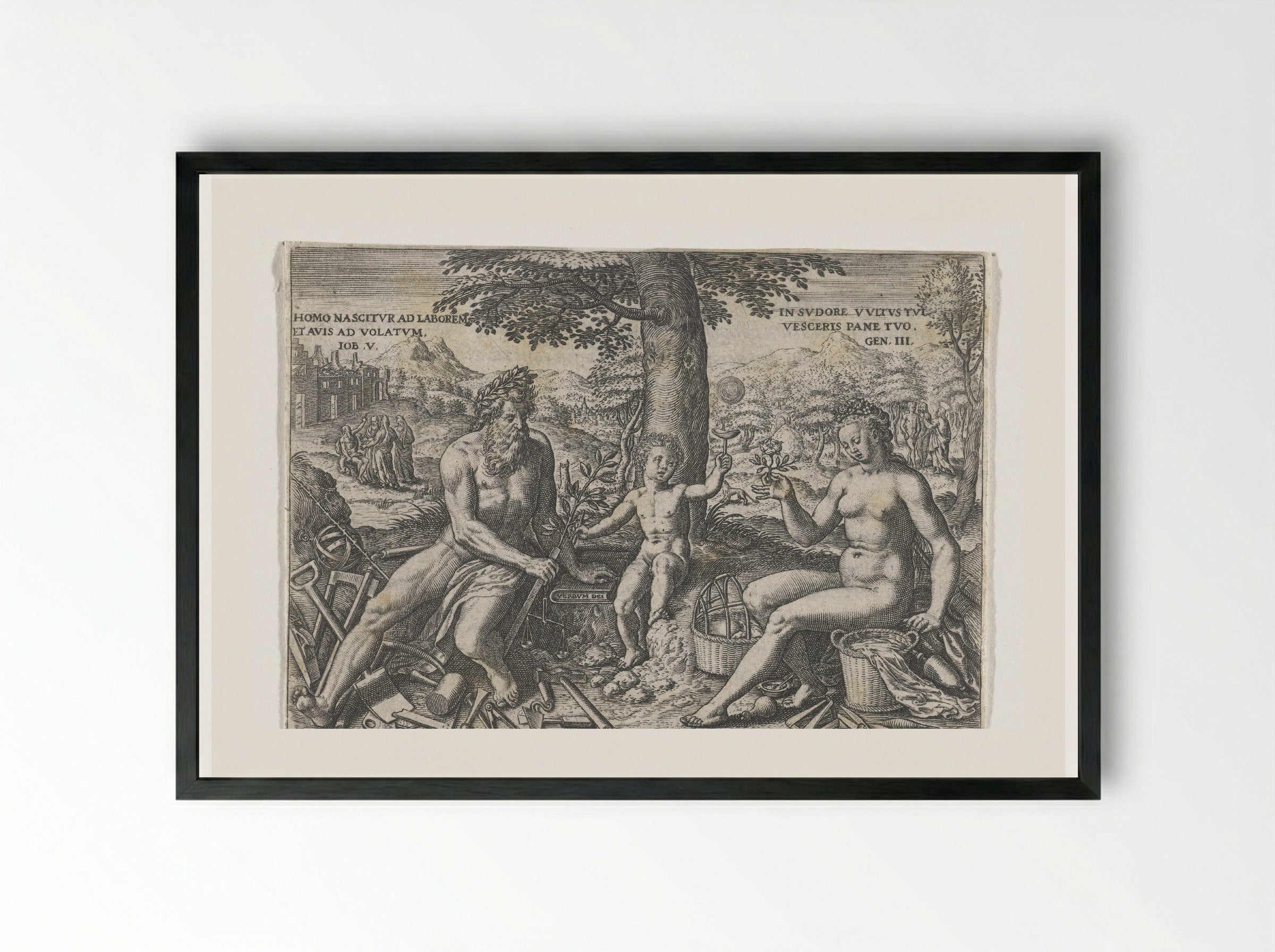 Adam and Eve with the Infant Cain - Theodor de Bry - Framed Print Black
