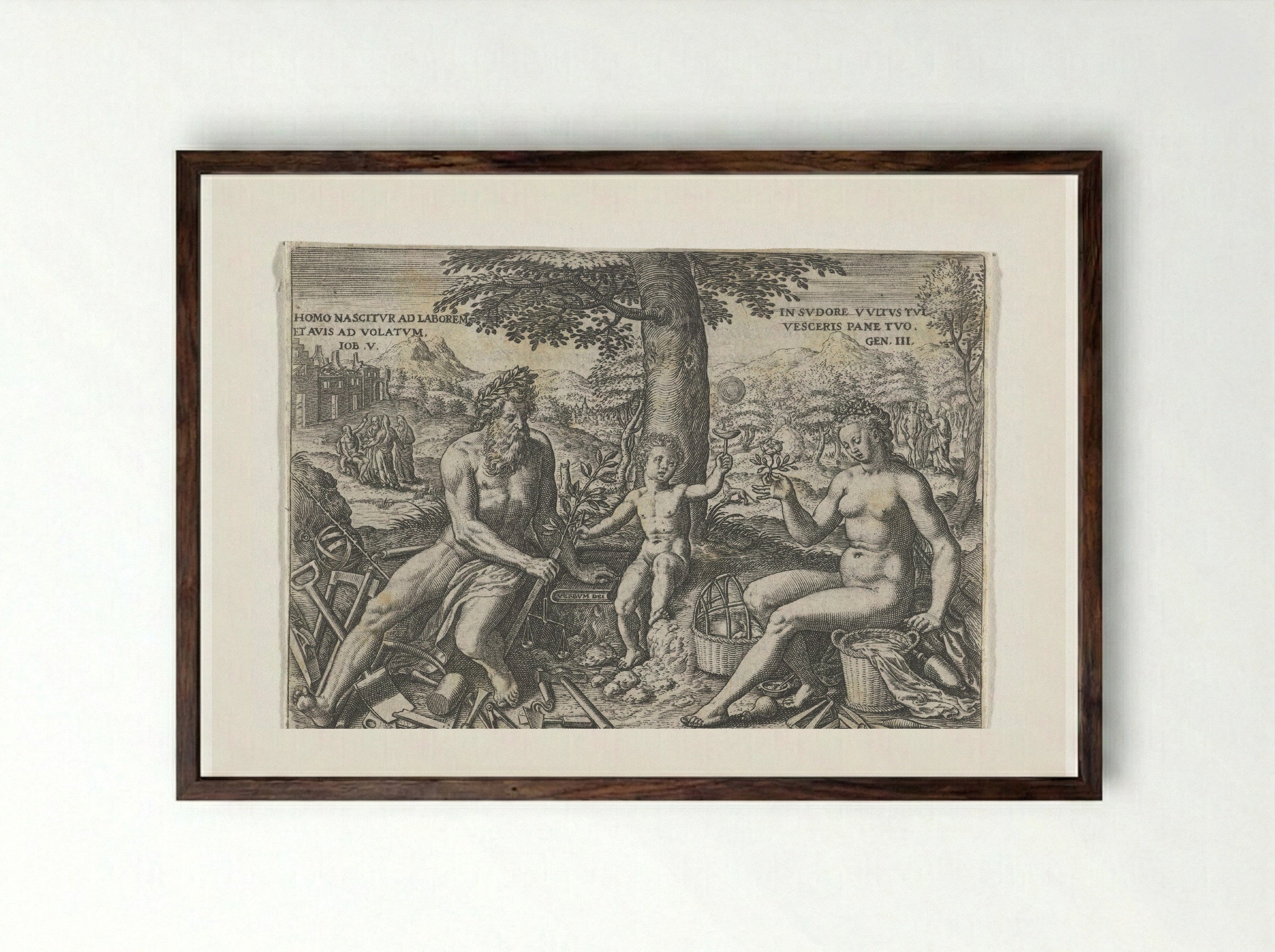 Adam and Eve with the Infant Cain - Theodor de Bry - Framed Print Dark Wood
