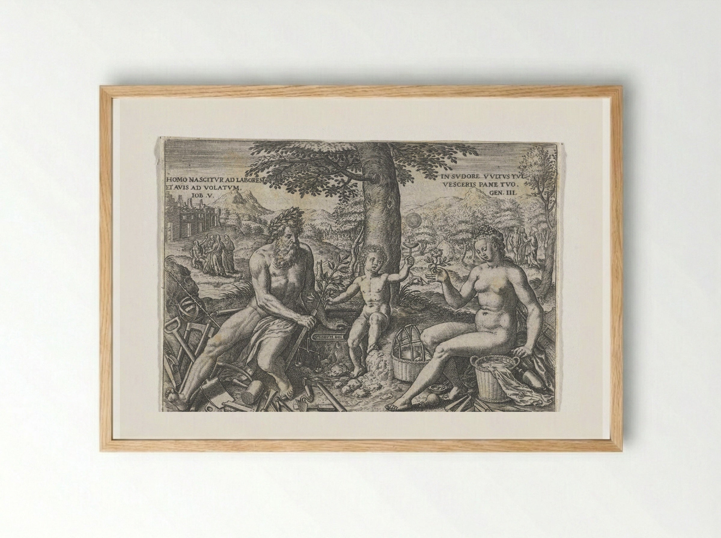Adam and Eve with the Infant Cain - Theodor de Bry - Framed Print Wood