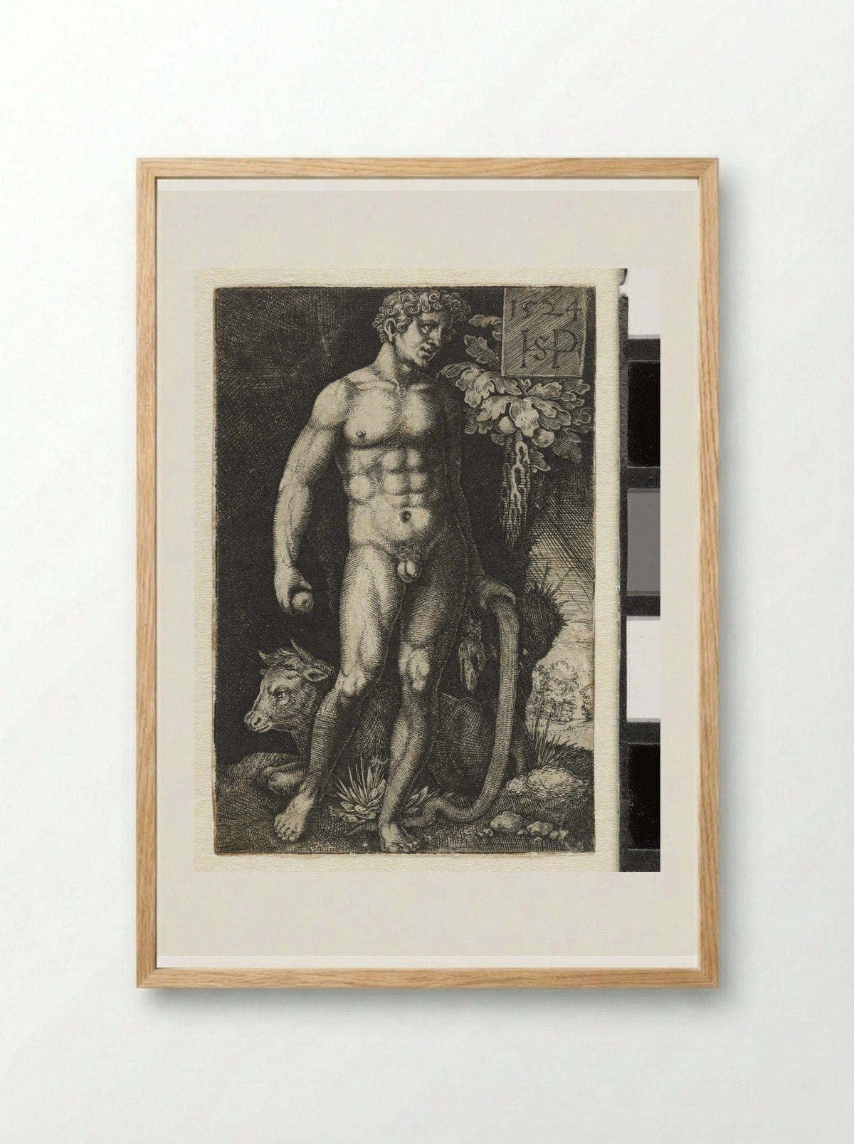 Adam with the Serpent and a Recumbent Bull - Hans Sebald Beham - Framed Print Wood