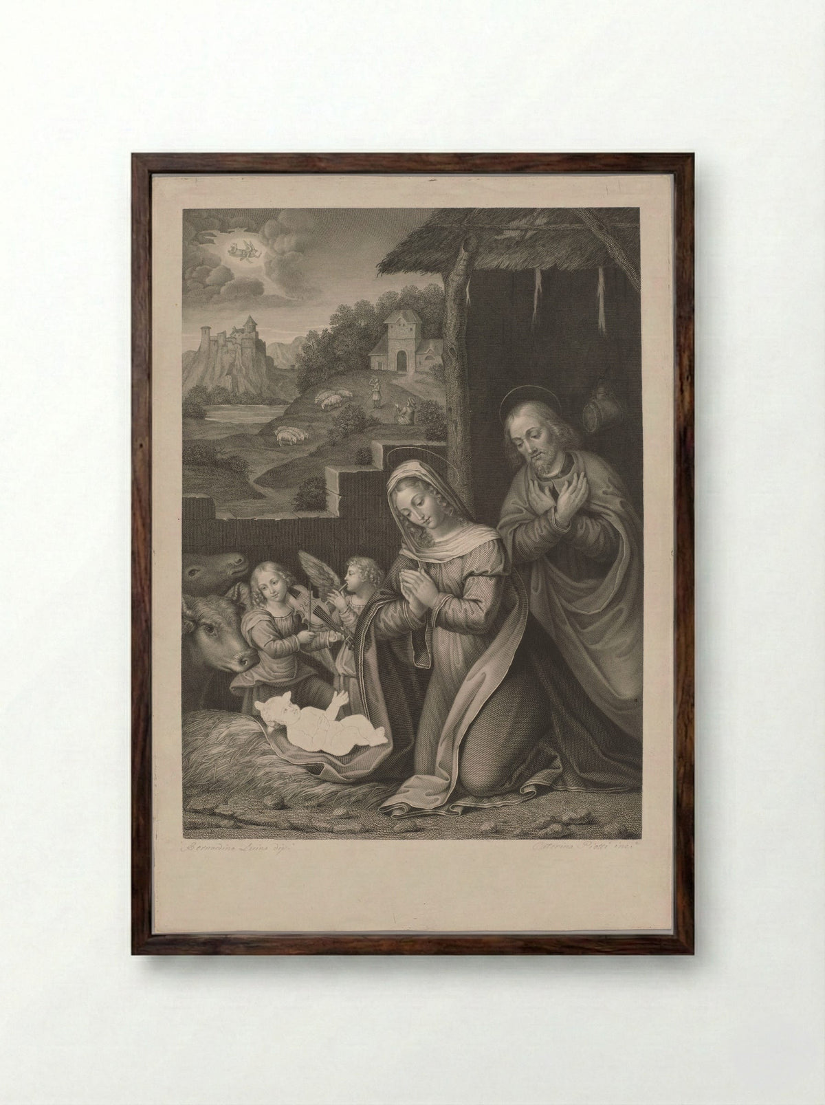 Adoration of the Infant Christ by Mary and Joseph - Caterina Piotti-Pirola - Framed Print Dark Wood