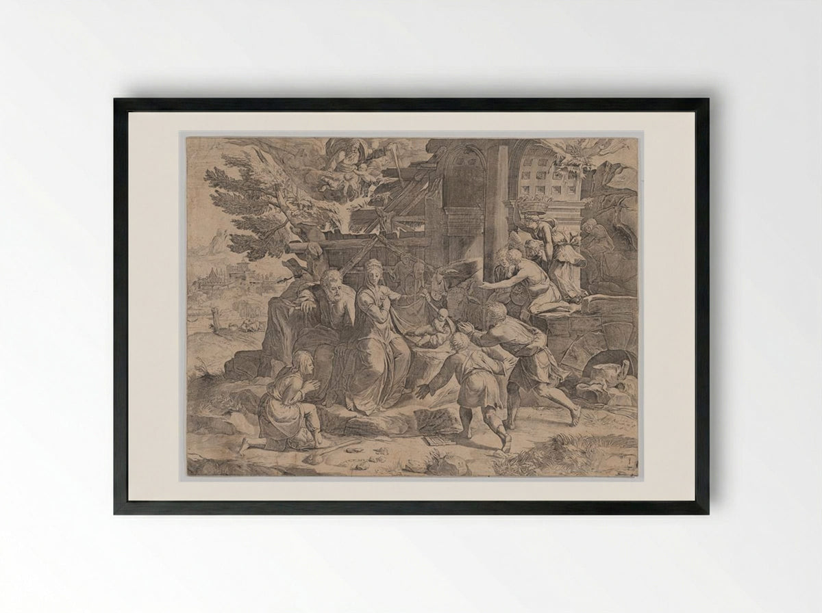 Adoration of the Shepherds - Cornelis Cort - Framed Print Black