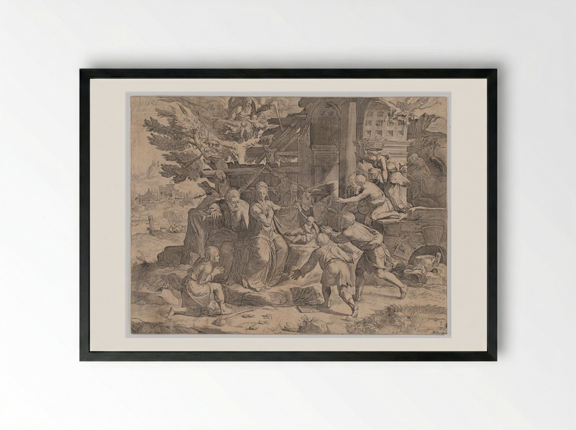 Adoration of the Shepherds - Cornelis Cort - Framed Print Black