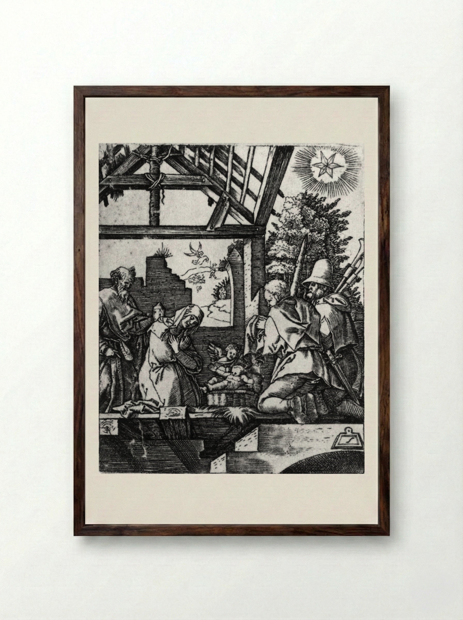 Adoration of the Shepherds - Marcantonio Raimondi - Framed Print Dark Wood