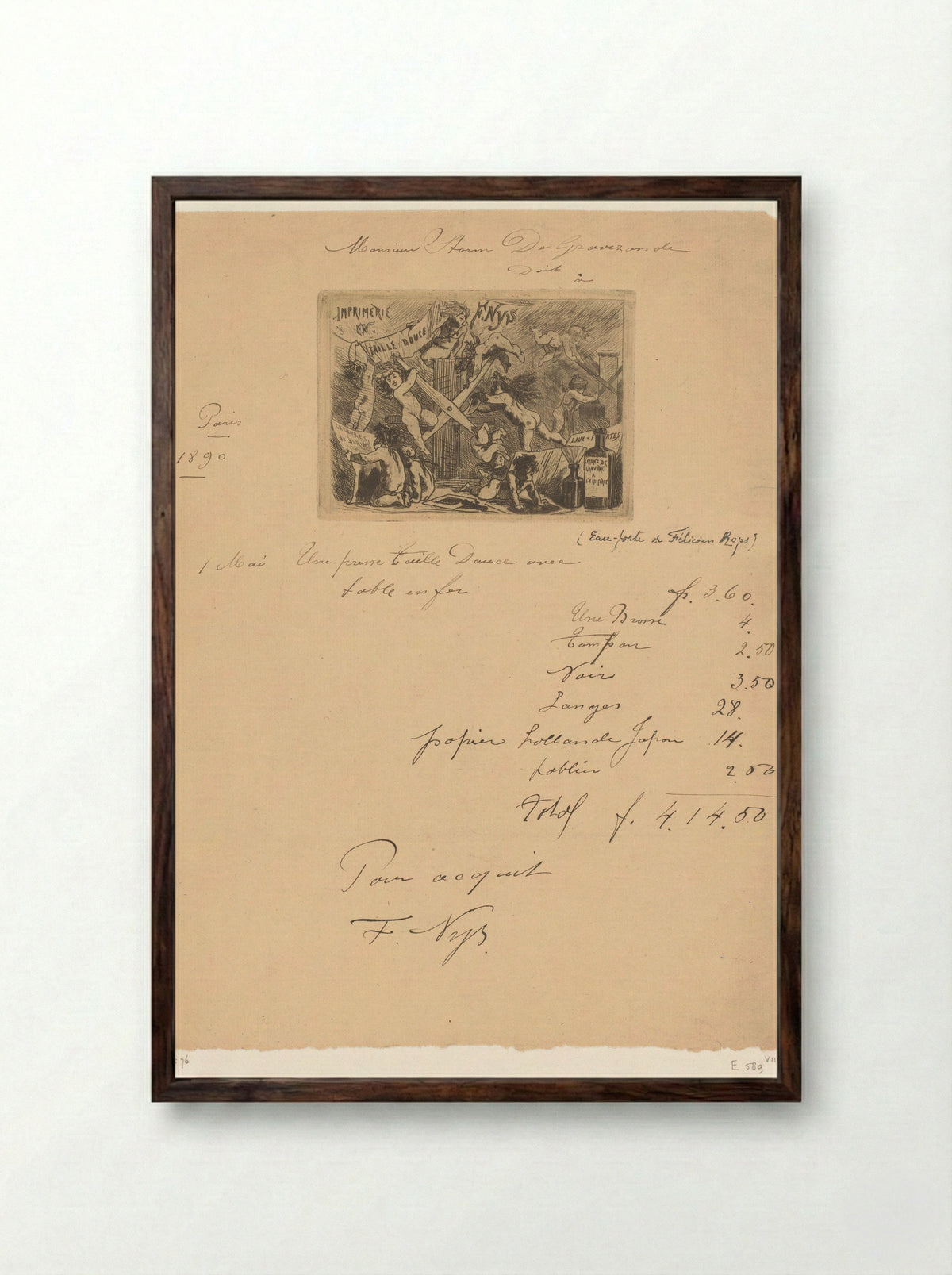 Adreskaart van drukkerij Nys & Mommen - Félicien Rops - Framed Print Dark Wood