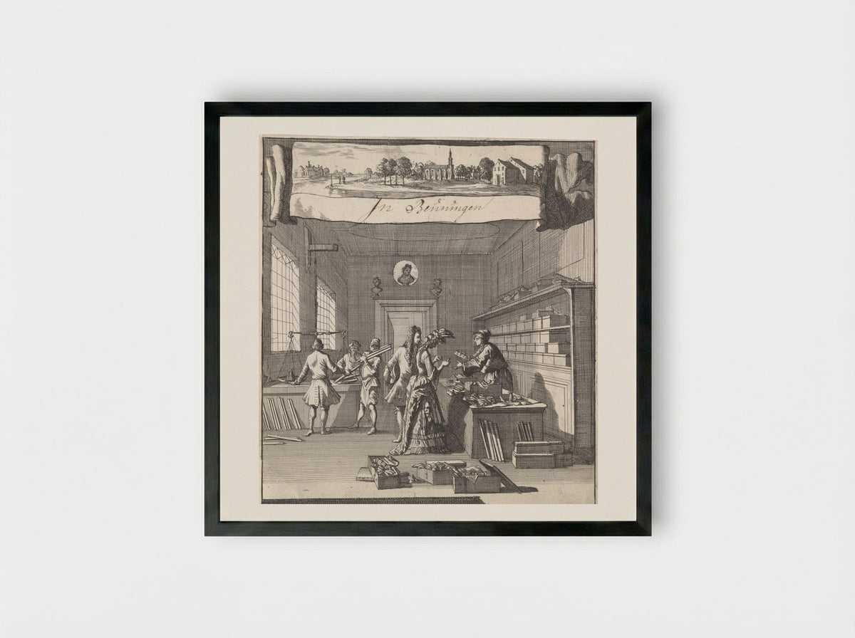 Adreskaart voor de goud- en zilverdraadwinkel van Christiaan Beuning te Beuningen - Caspar Luyken - Framed Print Black